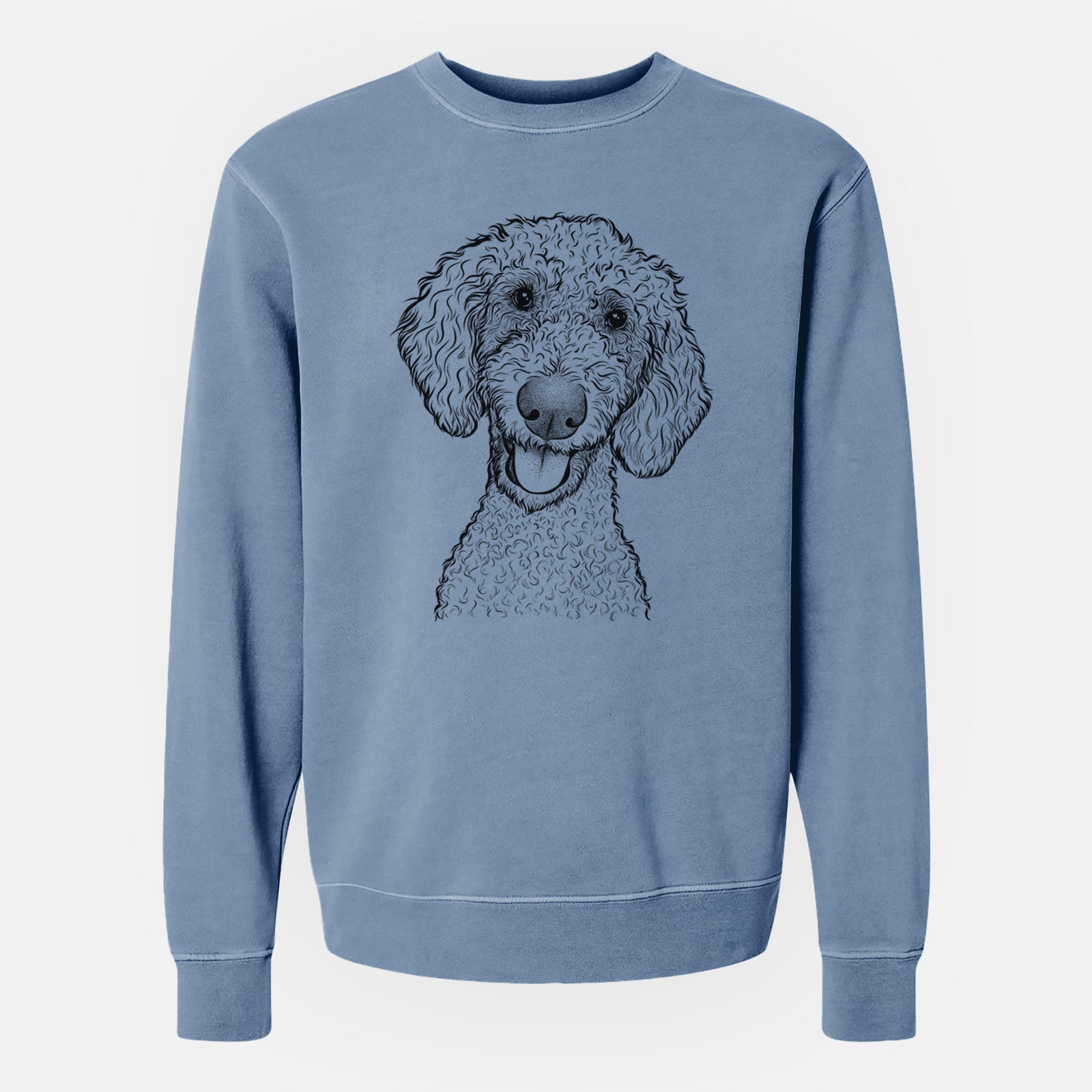 Hand-drawn sketch of Fenway the Goldendoodle on a Slate Blue Unisex pigment dyed crew sweatshirt
