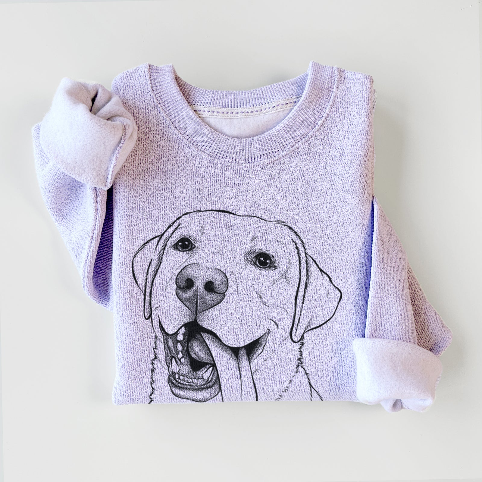 Hand-drawn sketch of Finn the Labrador Retriever on an Ice Purple knit sweatshirt