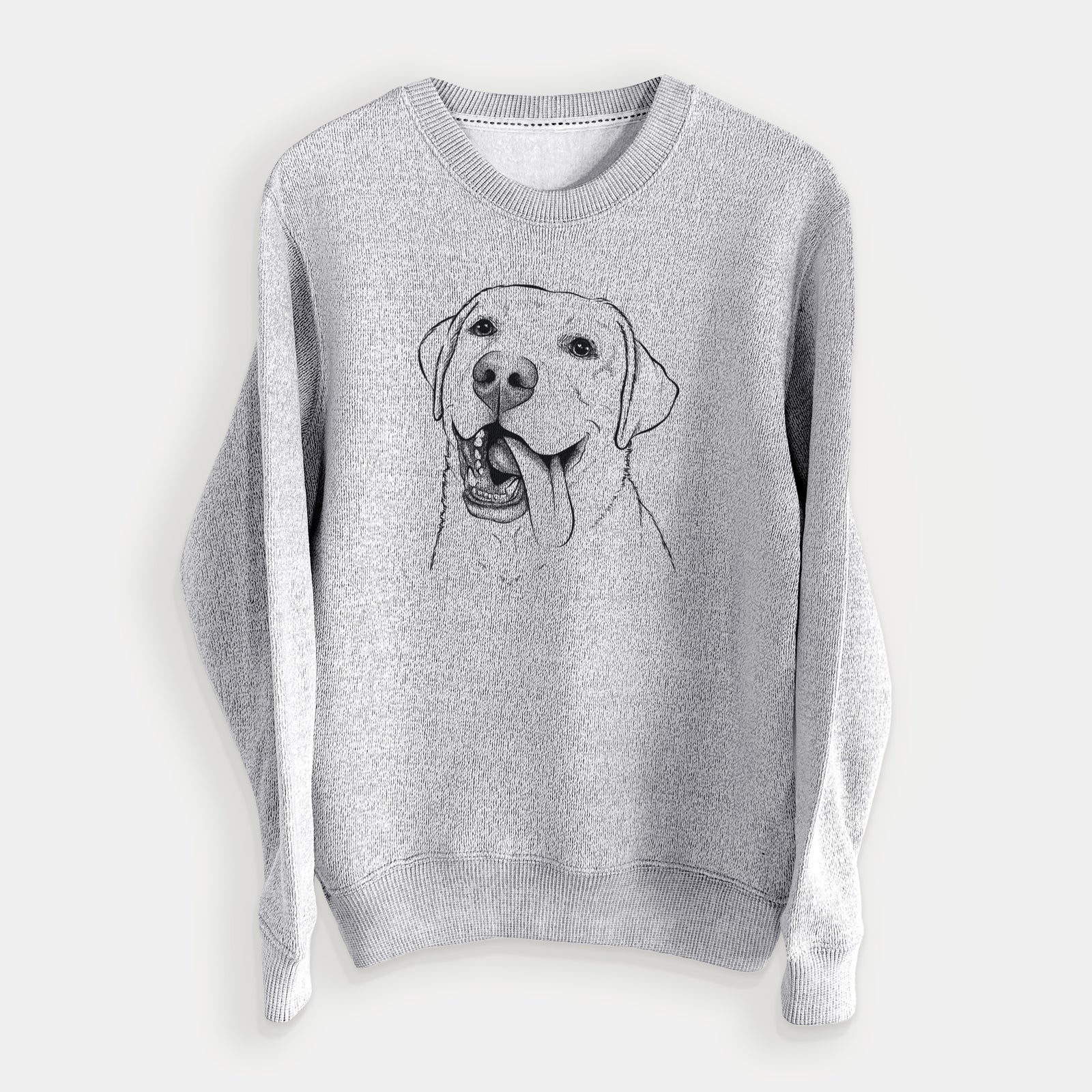 Hand-drawn sketch of Finn the Labrador Retriever on a Salt Pepper knit sweatshirt