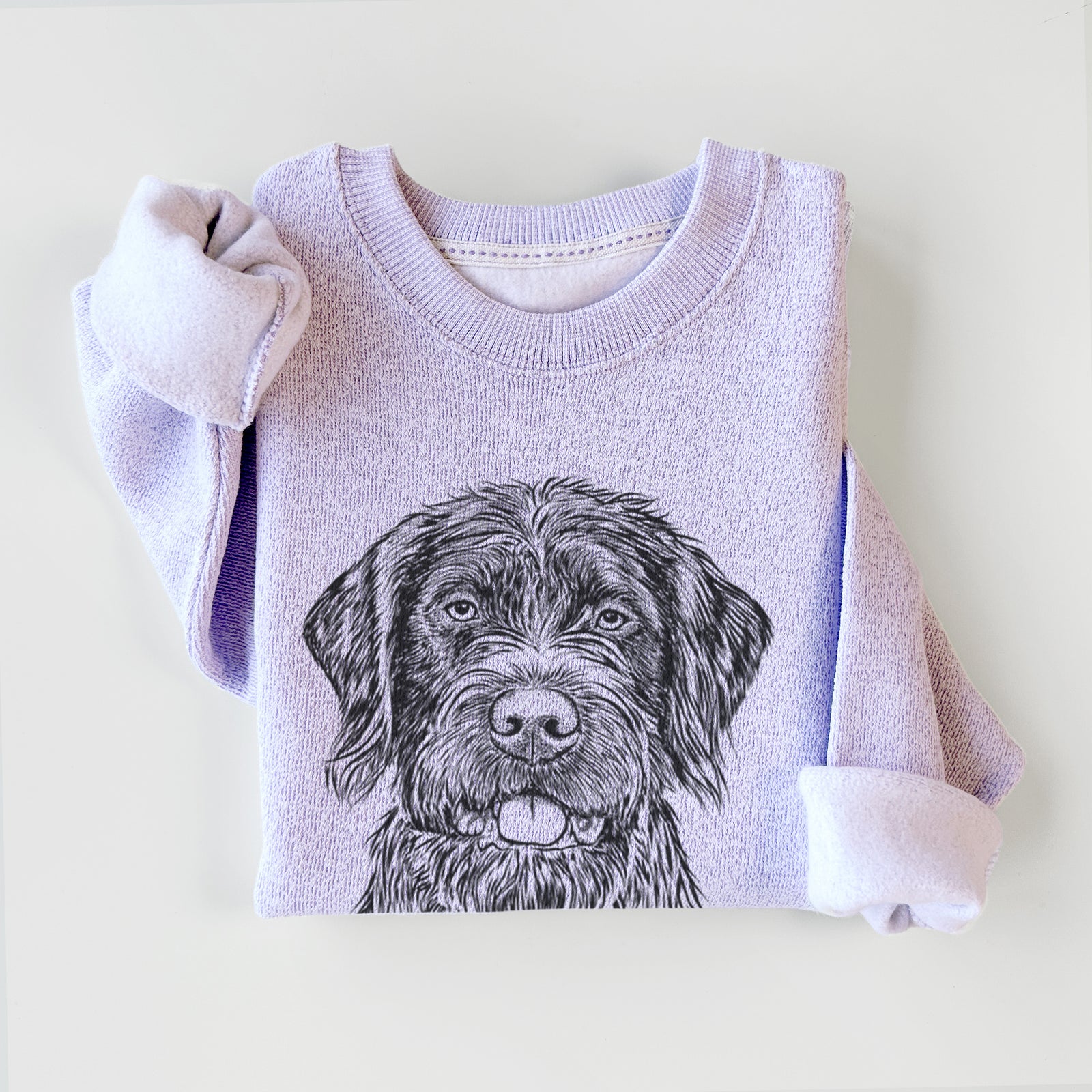 Hand-drawn sketch of Fletcher the Wirehaired Pointing Griffon on an Ice Purple knit sweatshirt