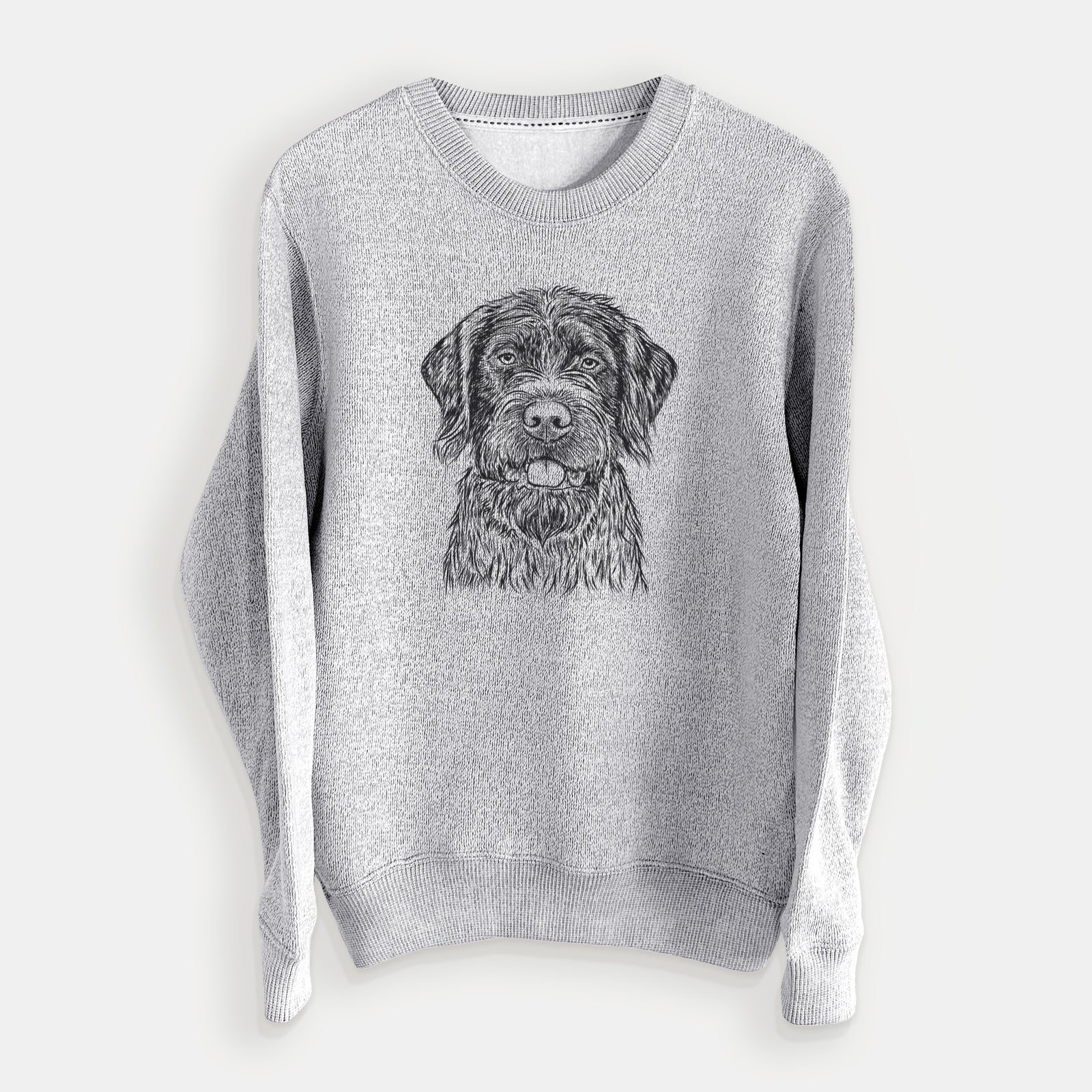 Hand-drawn sketch of Fletcher the Wirehaired Pointing Griffon on a Salt Pepper knit sweatshirt