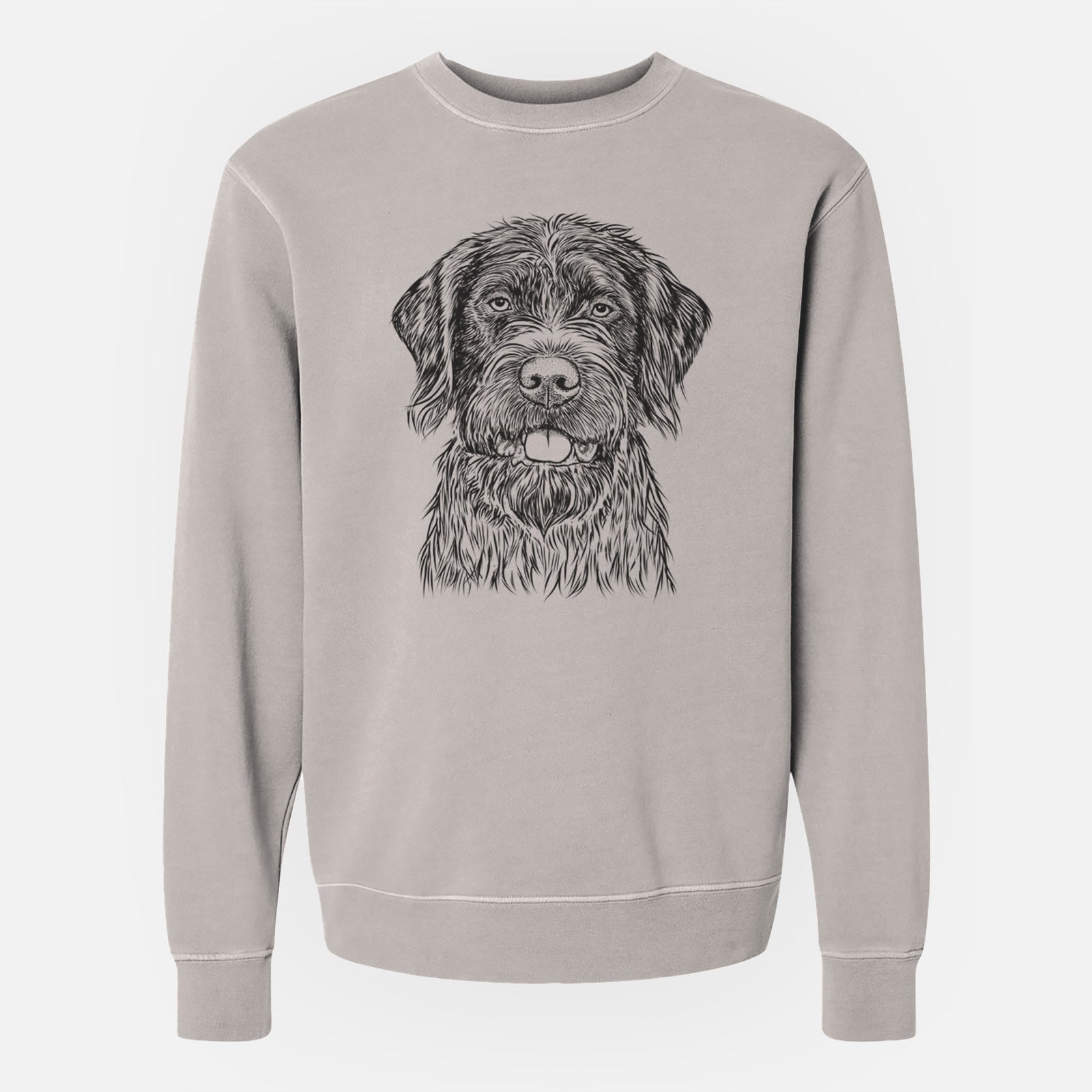 Hand-drawn sketch of Fletcher the Wirehaired Pointing Griffon on a Cement Unisex pigment dyed crew sweatshirt