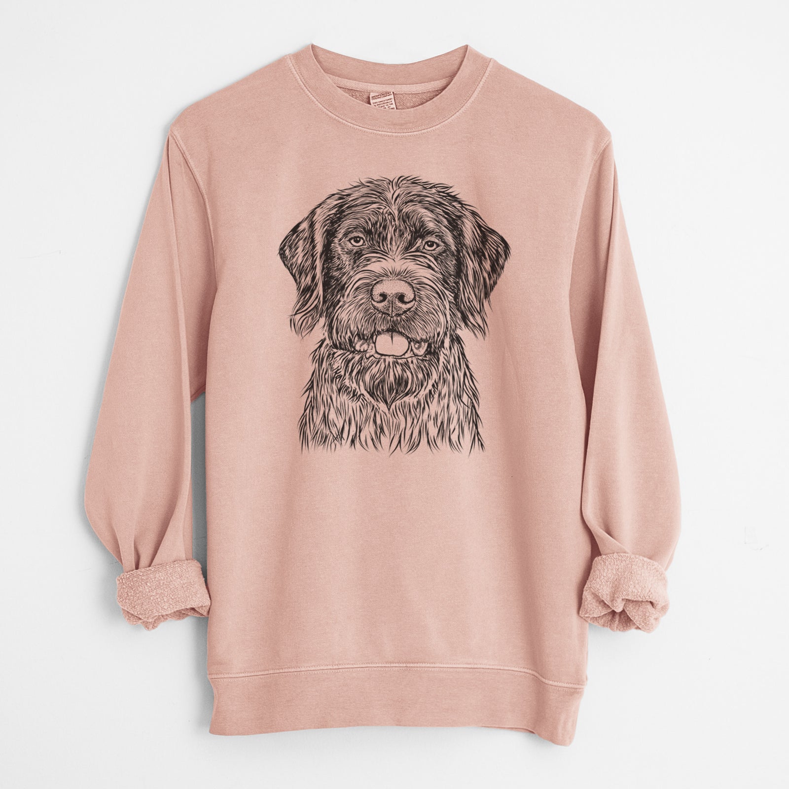 Hand-drawn sketch of Fletcher the Wirehaired Pointing Griffon on a Dusty Pink Unisex pigment dyed crew sweatshirt