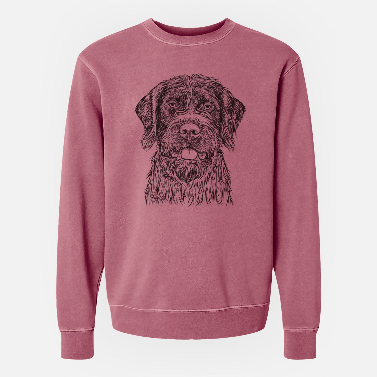 Hand-drawn sketch of Fletcher the Wirehaired Pointing Griffon on a Maroon Unisex pigment dyed crew sweatshirt