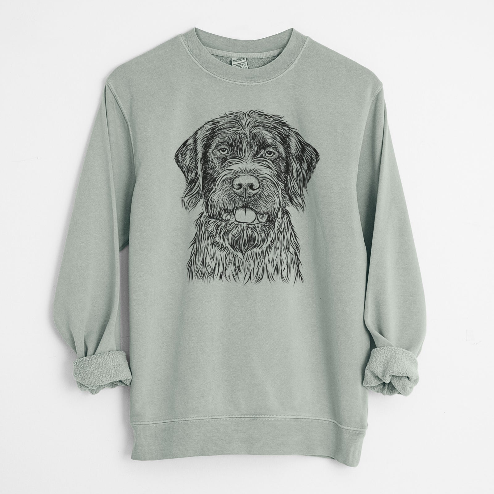 Hand-drawn sketch of Fletcher the Wirehaired Pointing Griffon on a Sage Unisex pigment dyed crew sweatshirt