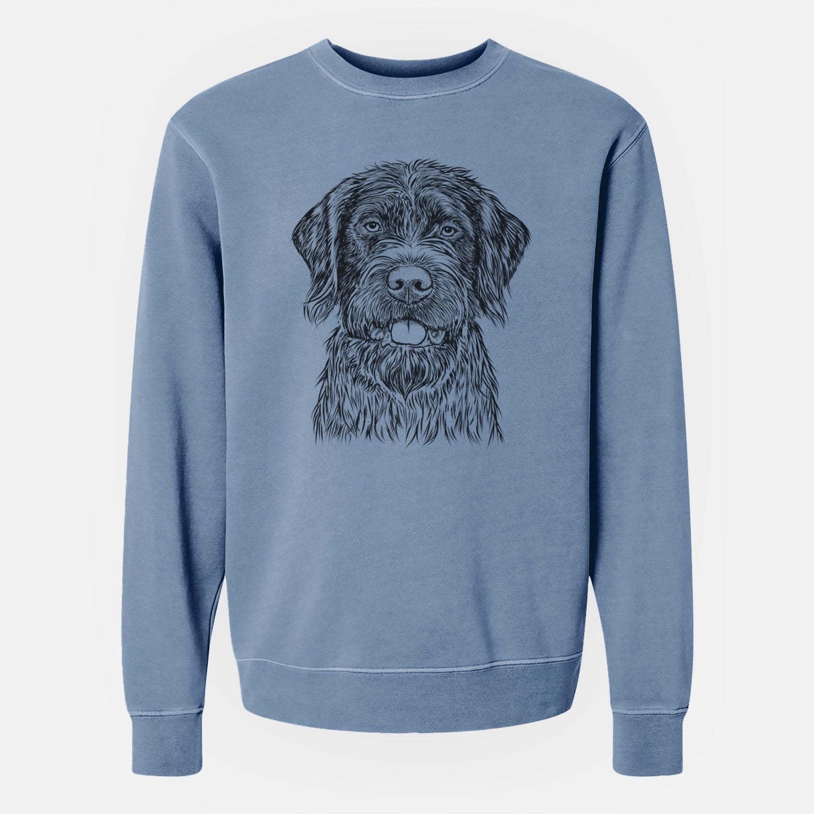 Hand-drawn sketch of Fletcher the Wirehaired Pointing Griffon on a Slate Blue Unisex pigment dyed crew sweatshirt