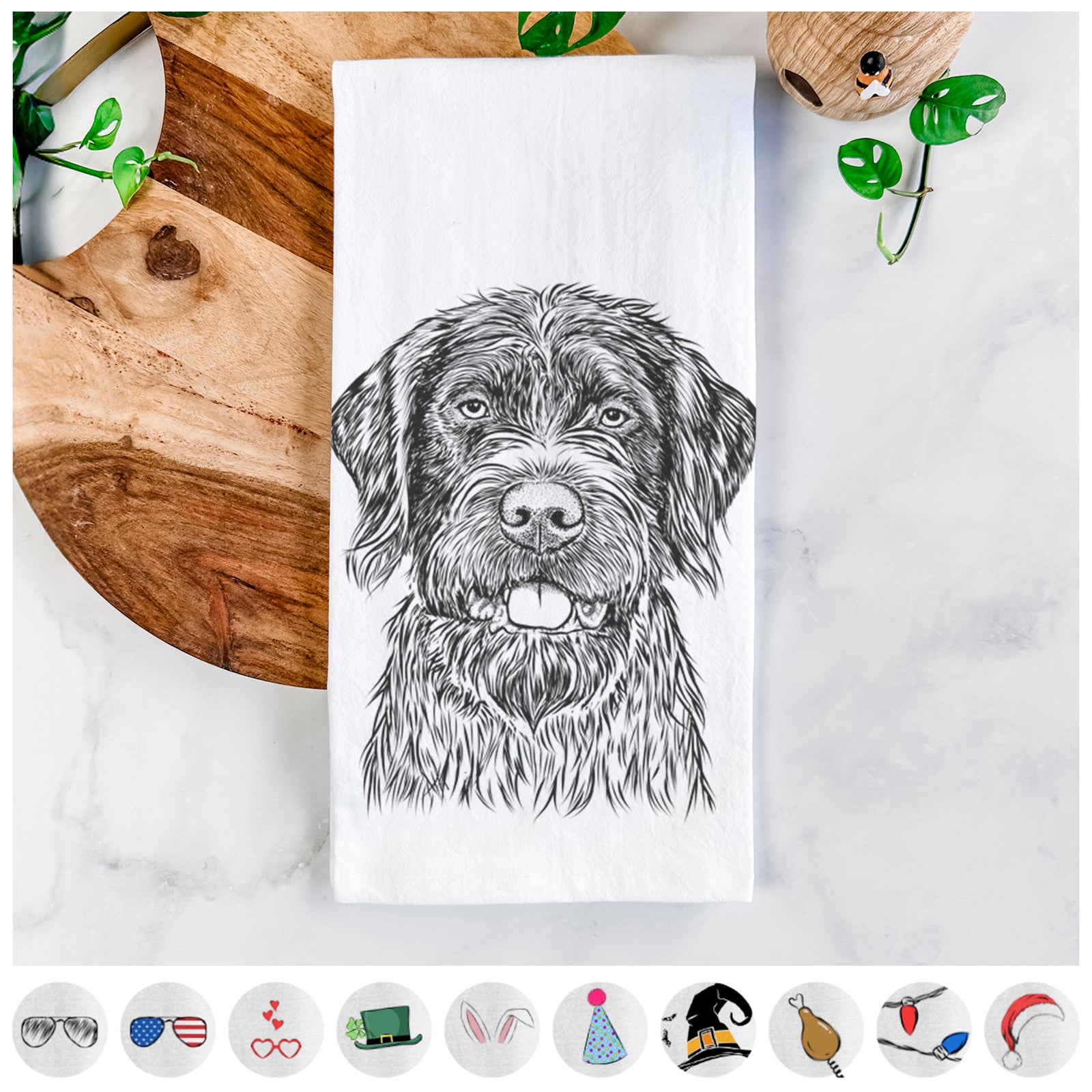 Hand-drawn sketch of Fletcher the Wirehaired Pointing Griffon on a tea towel, shown with icons of the other available costume styles