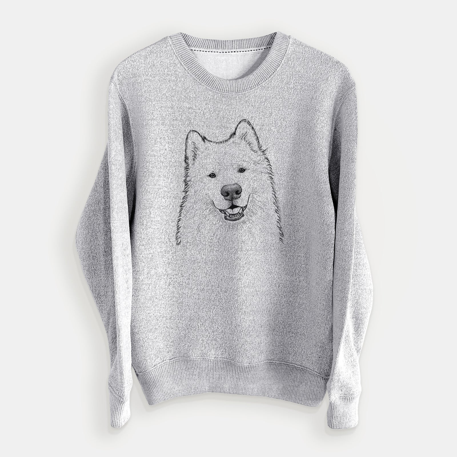 Hand-drawn sketch of Foster the Samoyed on a Salt Pepper knit sweatshirt