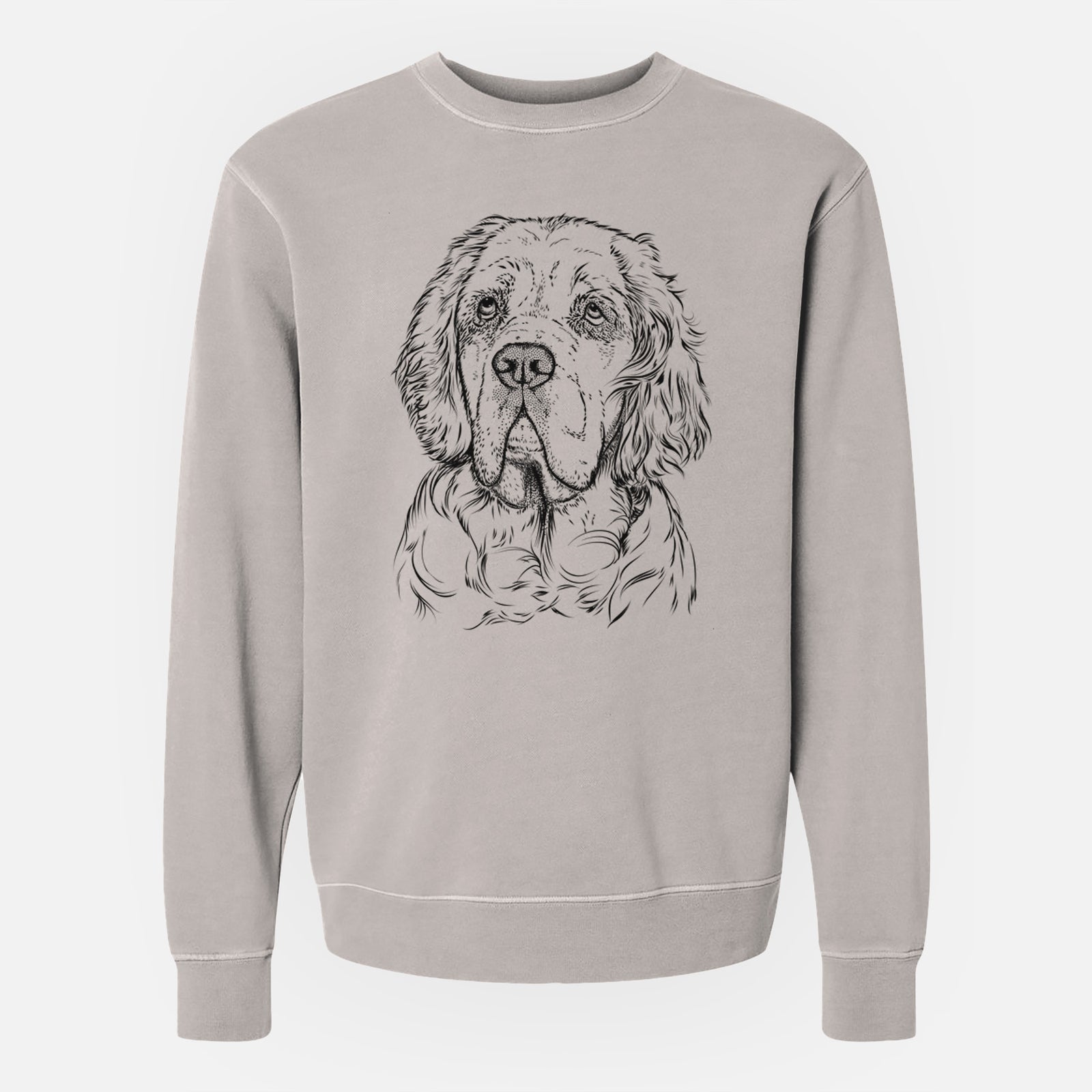 Hand-drawn sketch of Gary the Clumber Spaniel on a Cement Unisex pigment dyed crew sweatshirt