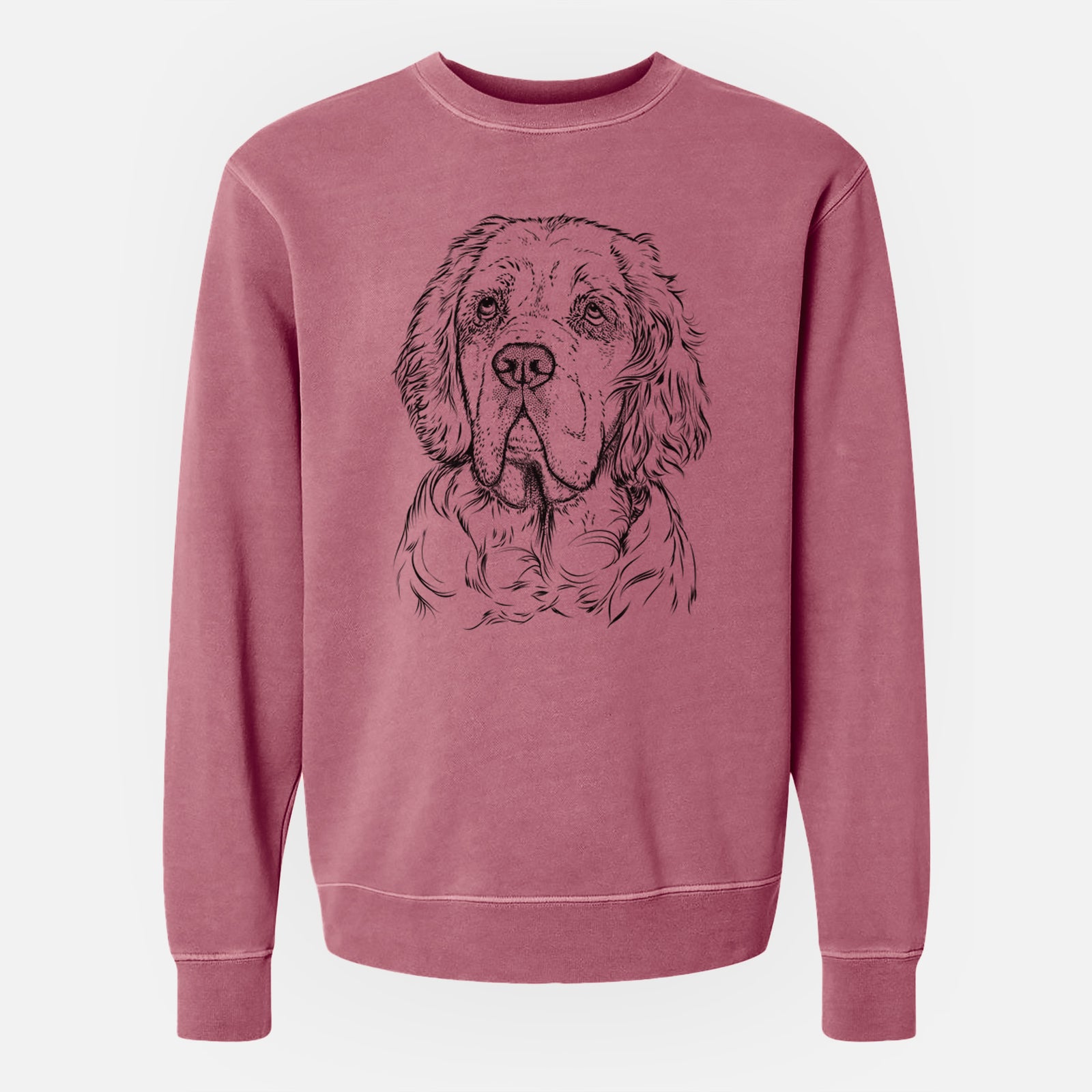 Hand-drawn sketch of Gary the Clumber Spaniel on a Maroon Unisex pigment dyed crew sweatshirt