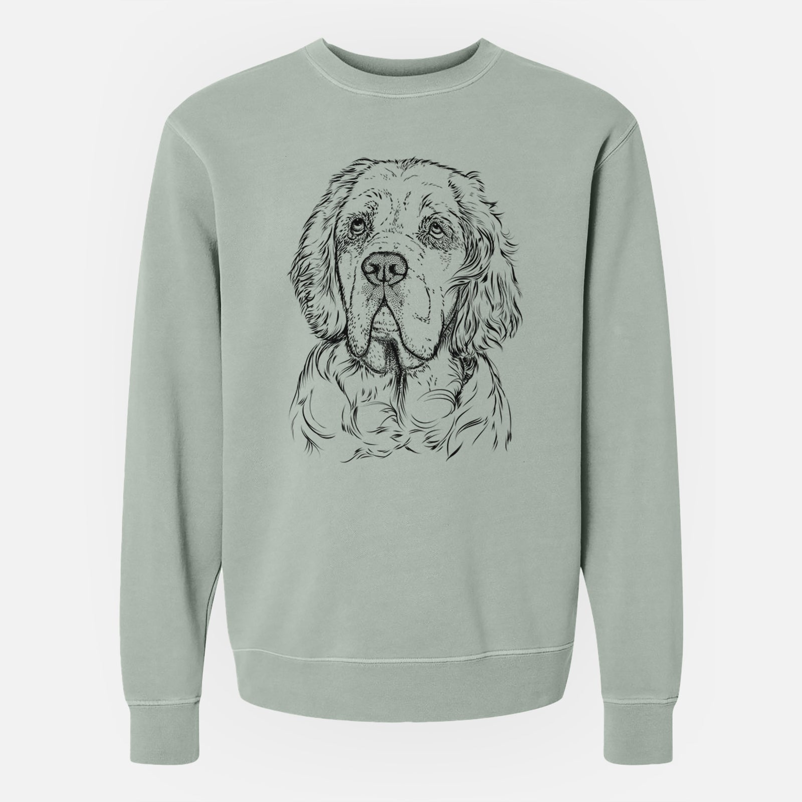 Hand-drawn sketch of Gary the Clumber Spaniel on a Sage Unisex pigment dyed crew sweatshirt