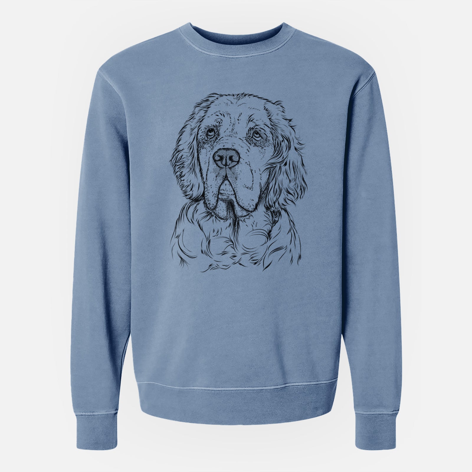Hand-drawn sketch of Gary the Clumber Spaniel on a Slate Blue Unisex pigment dyed crew sweatshirt
