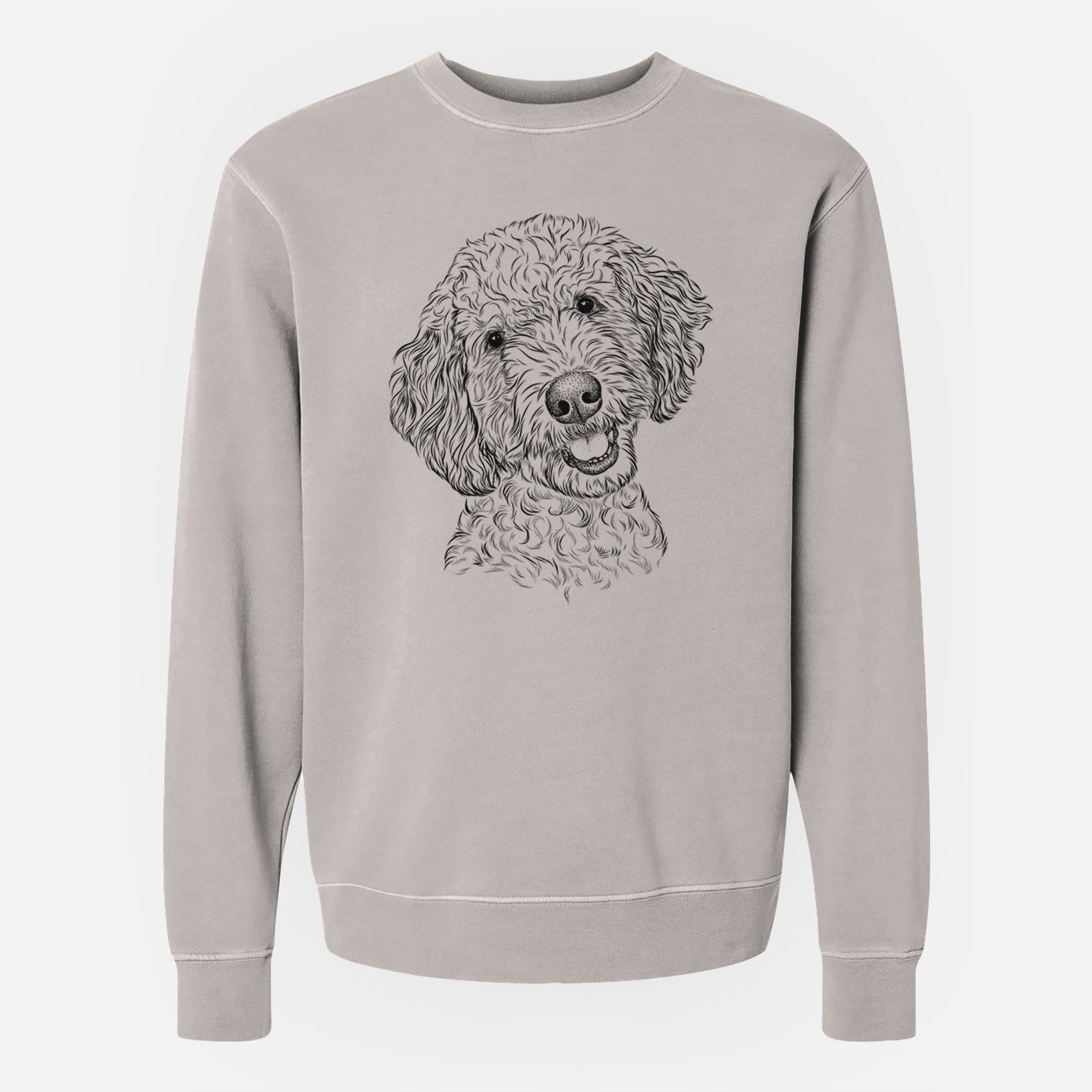 Hand-drawn sketch of Gizmo the Goldendoodle on a Cement Unisex pigment dyed crew sweatshirt