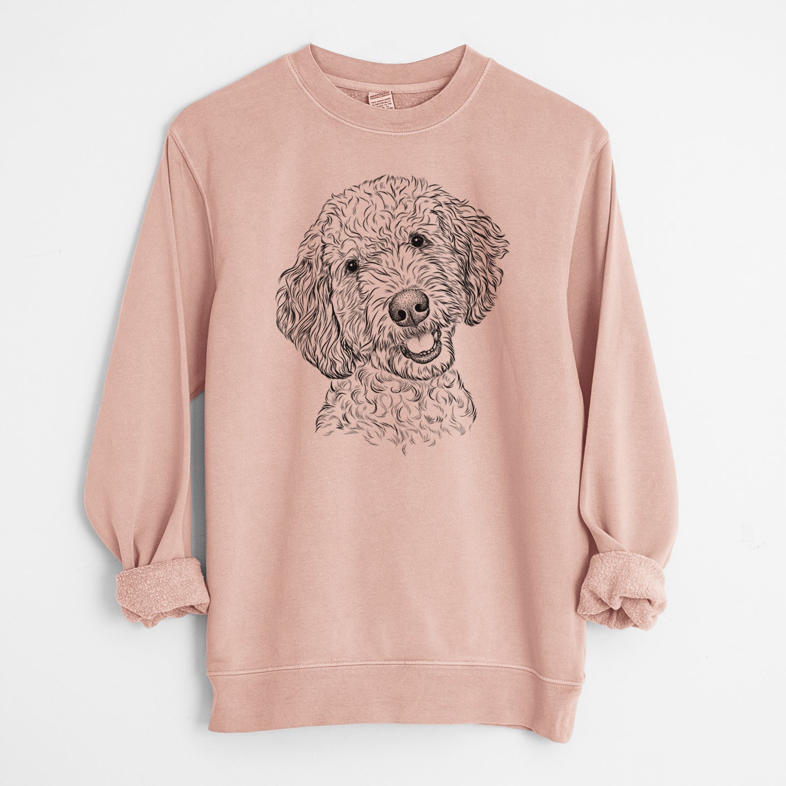 Hand-drawn sketch of Gizmo the Goldendoodle on a Dusty Pink Unisex pigment dyed crew sweatshirt