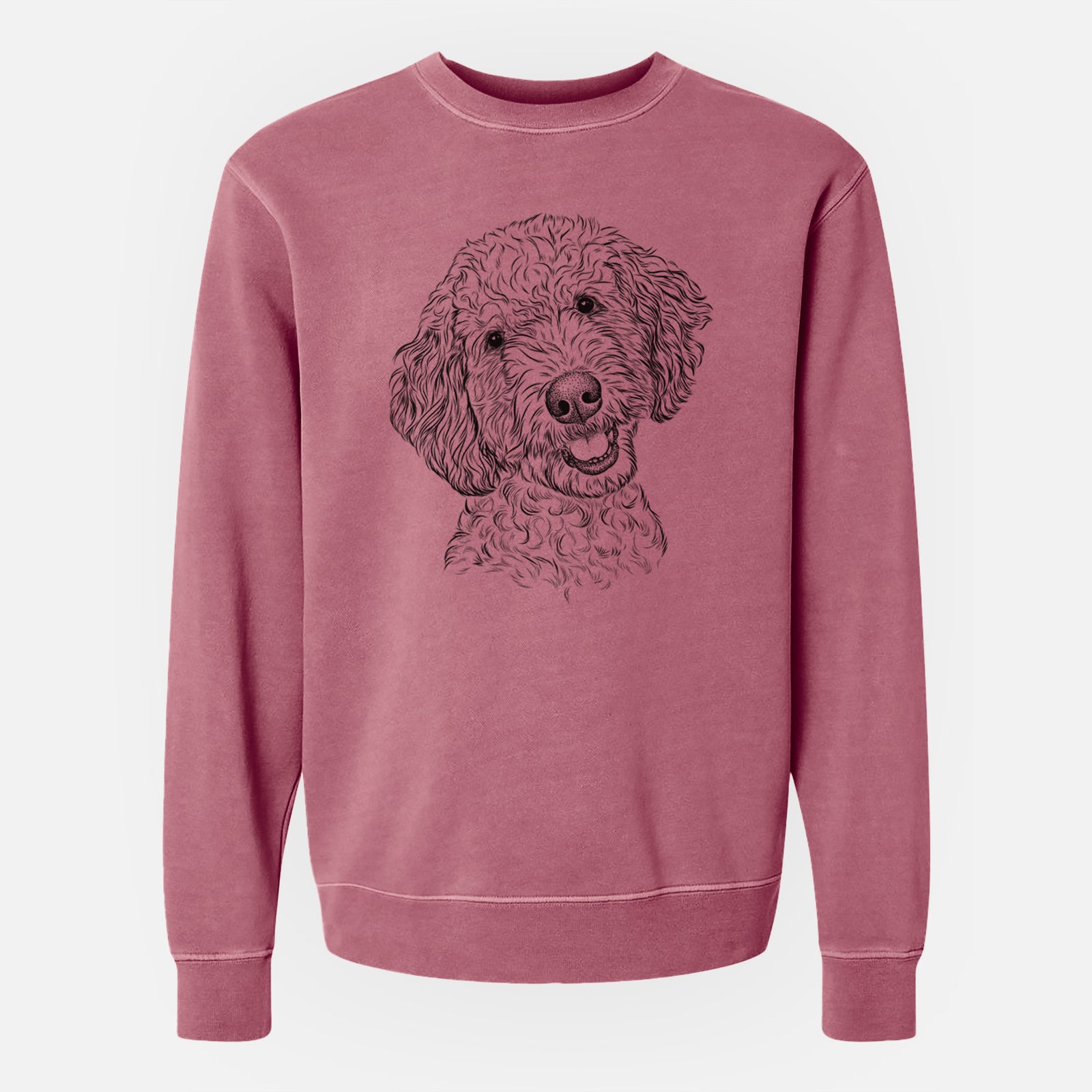 Hand-drawn sketch of Gizmo the Goldendoodle on a Maroon Unisex pigment dyed crew sweatshirt