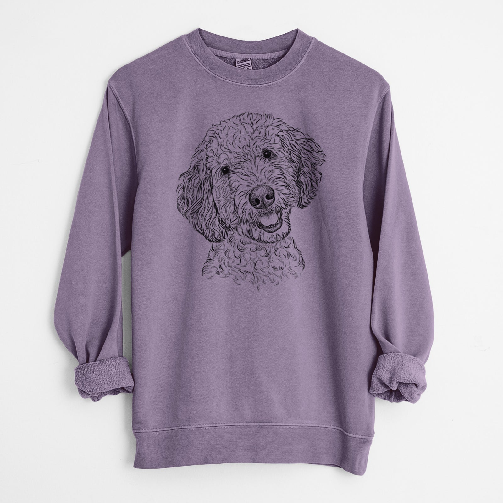 Hand-drawn sketch of Gizmo the Goldendoodle on a Plum Unisex pigment dyed crew sweatshirt