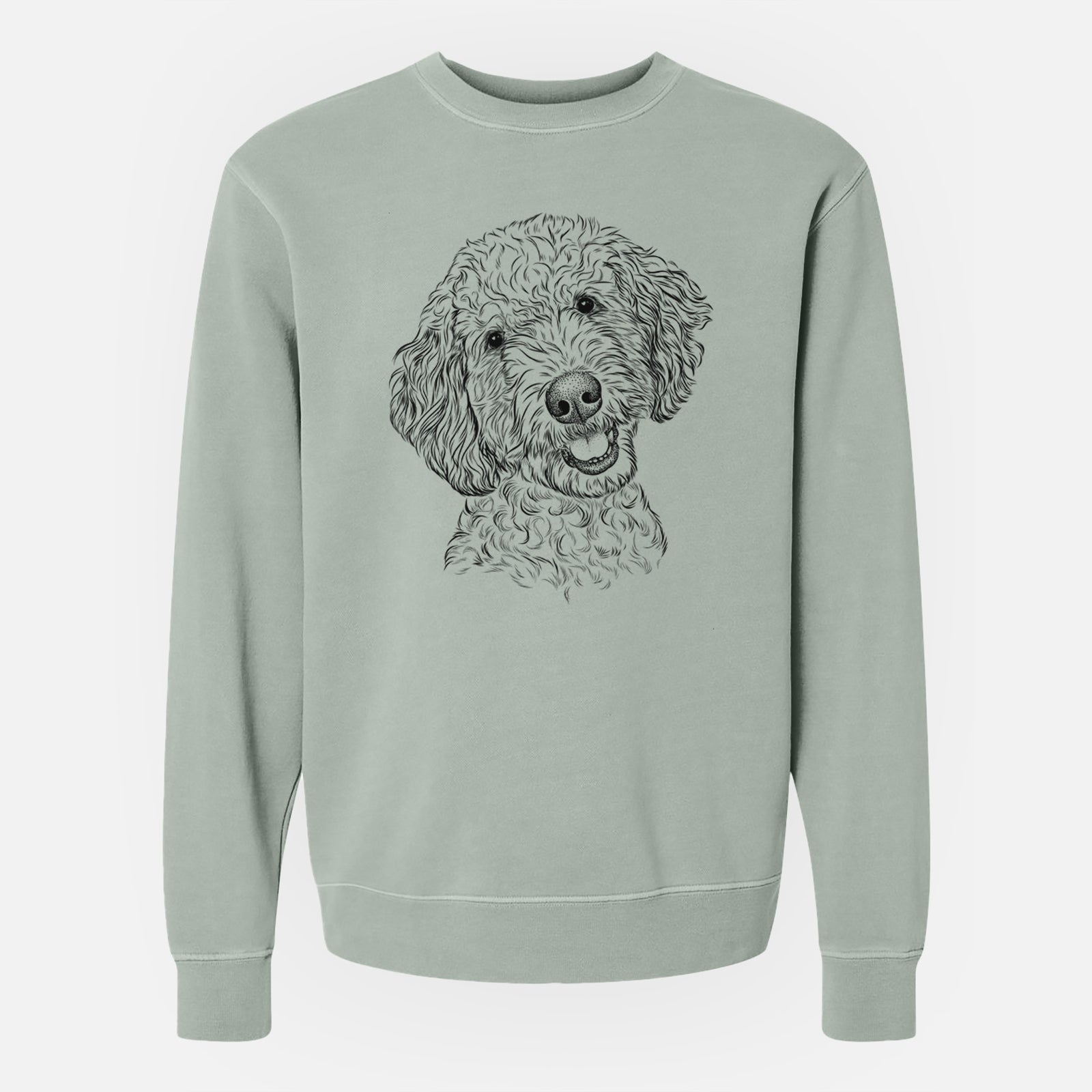 Hand-drawn sketch of Gizmo the Goldendoodle on a Sage Unisex pigment dyed crew sweatshirt