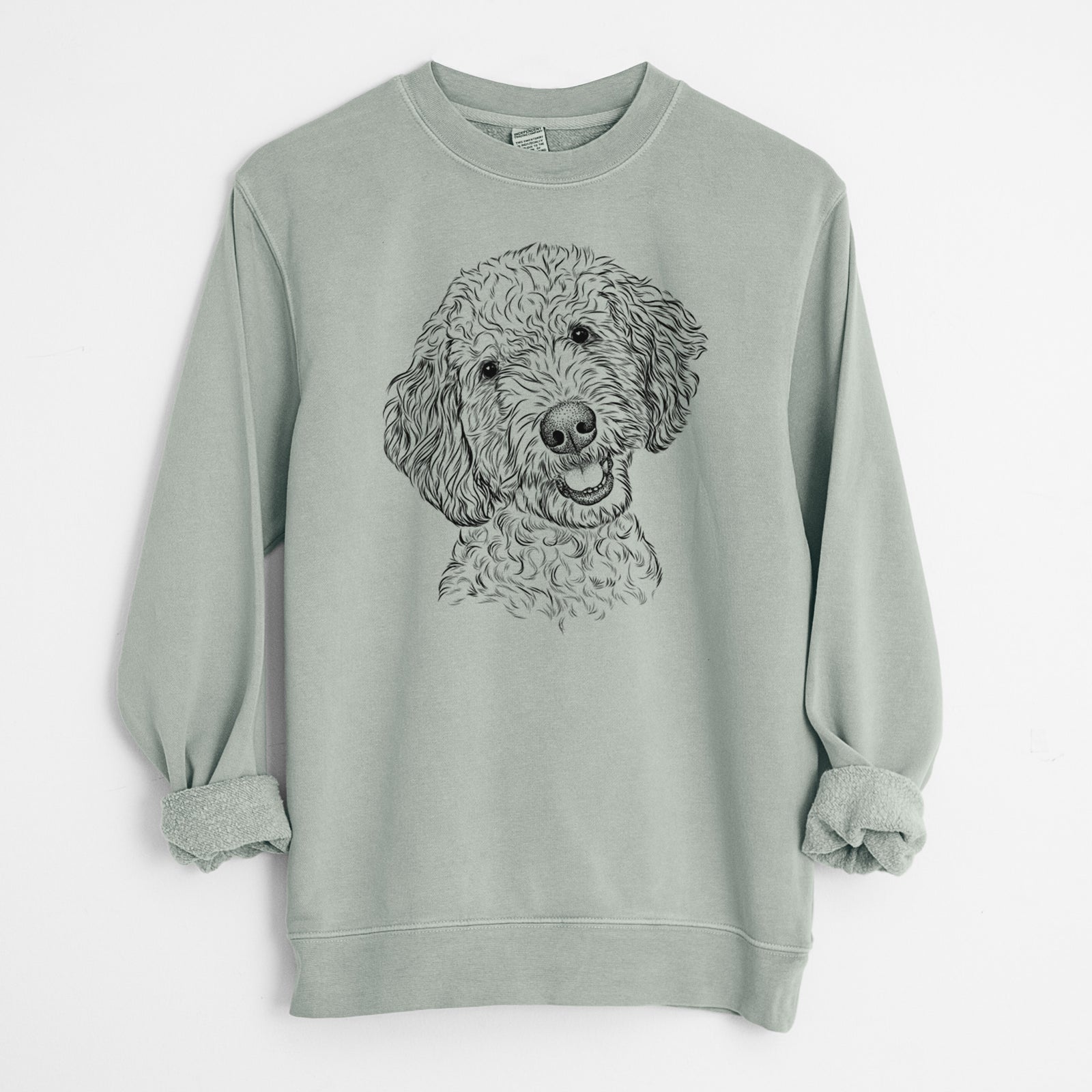Hand-drawn sketch of Gizmo the Goldendoodle on a Sage Unisex pigment dyed crew sweatshirt