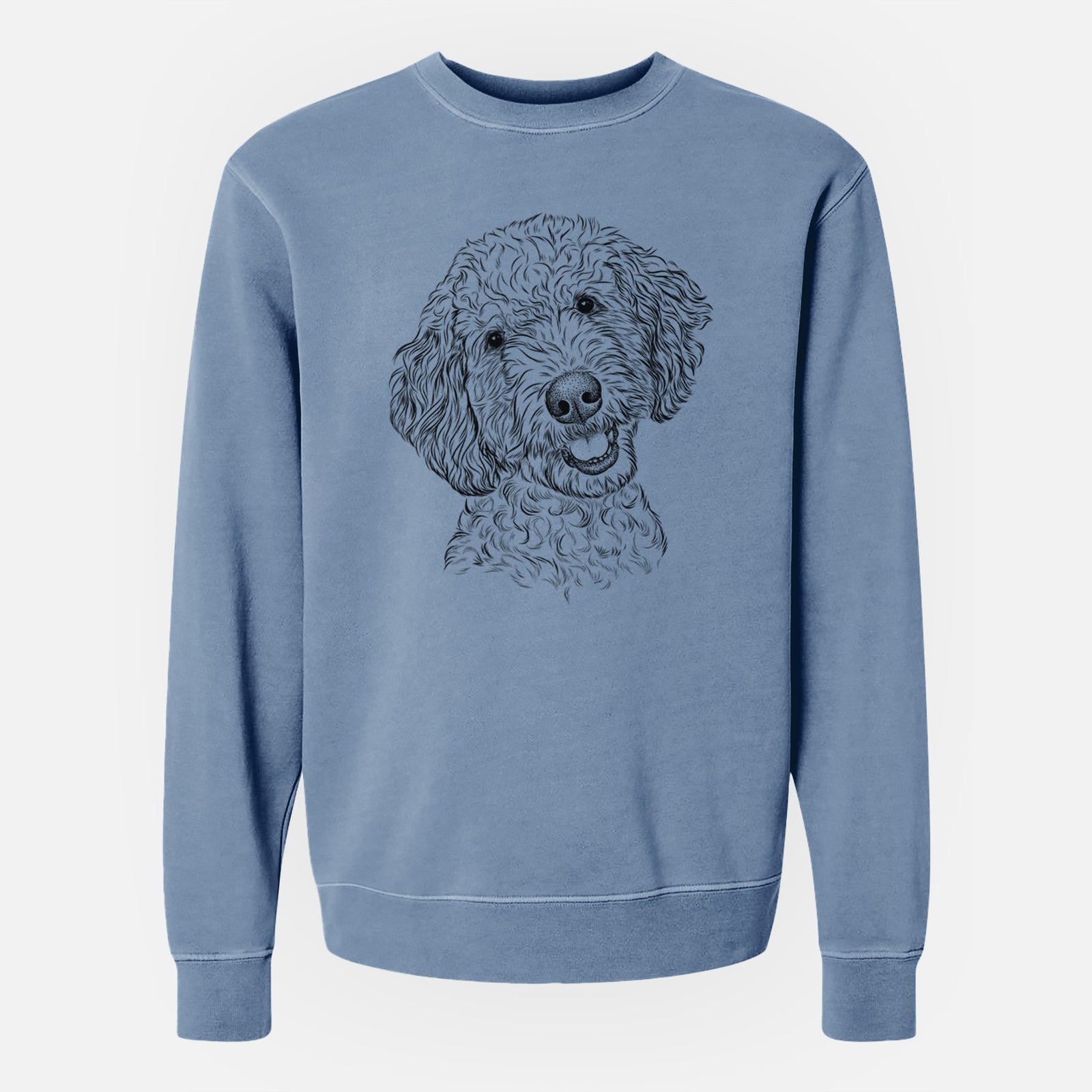 Hand-drawn sketch of Gizmo the Goldendoodle on a Slate Blue Unisex pigment dyed crew sweatshirt