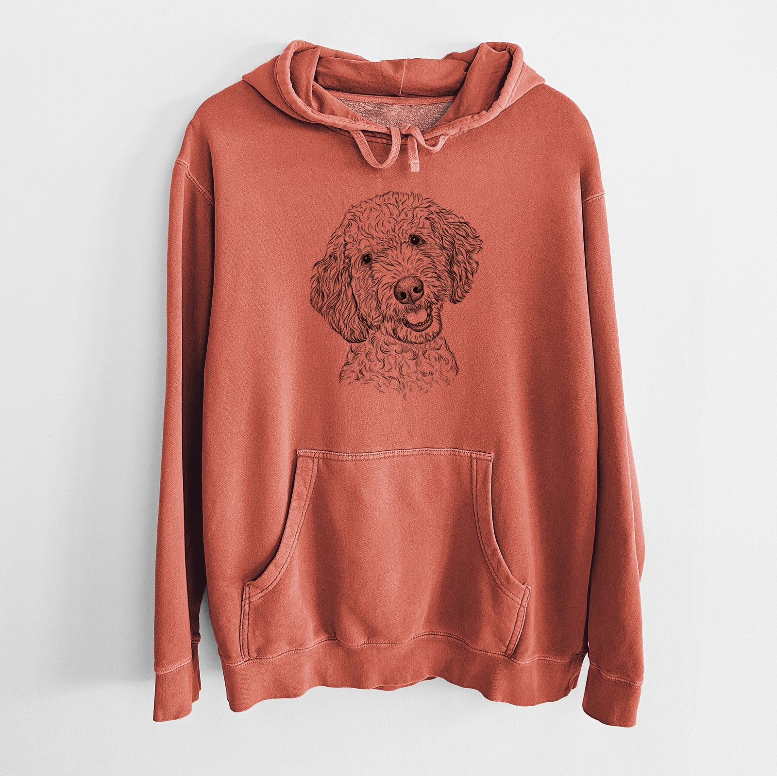 Hand-drawn sketch of Gizmo the Goldendoodle on an Amber Unisex pigment dyed hoodie