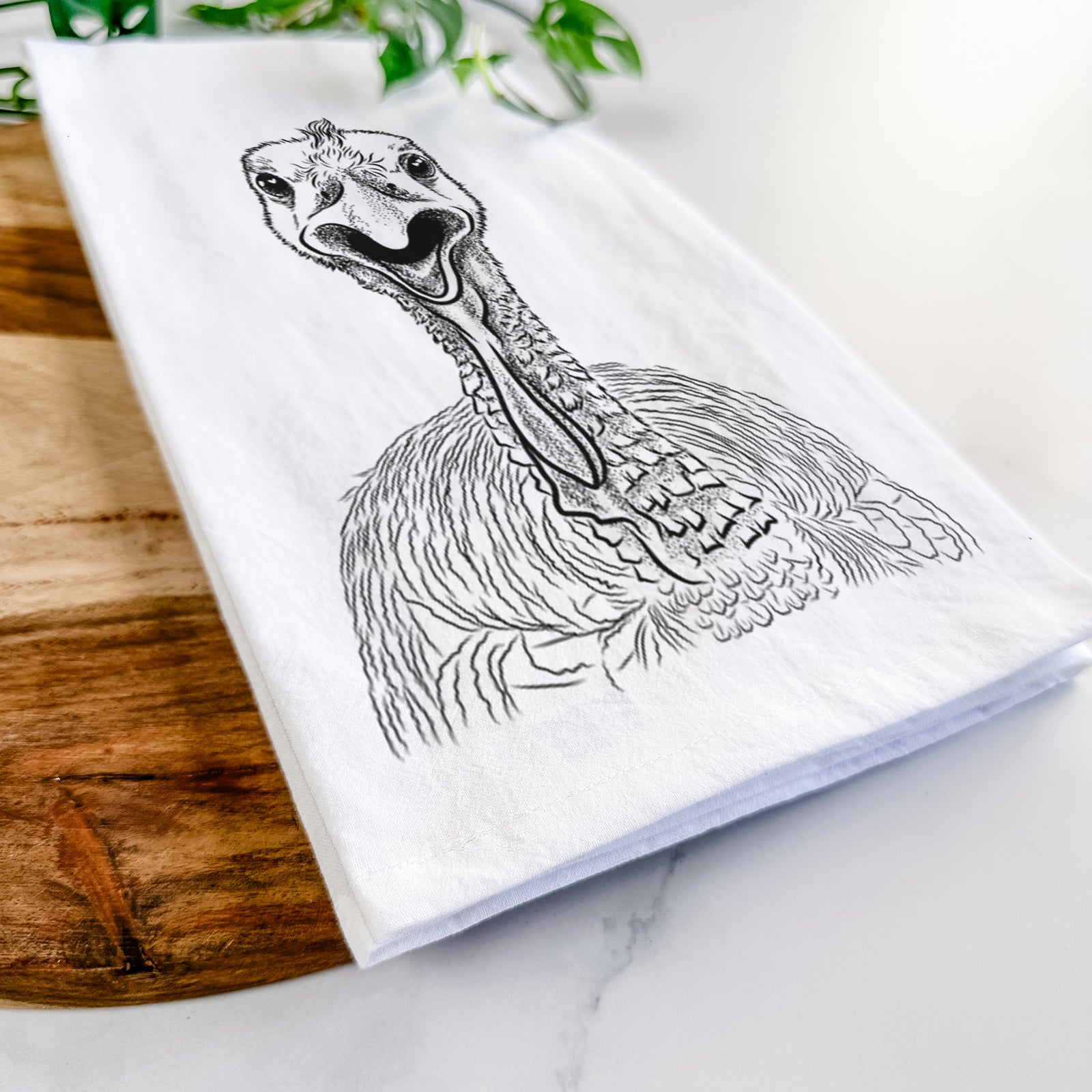 Hand-drawn sketch of Gobble the Turkey on a tea towel