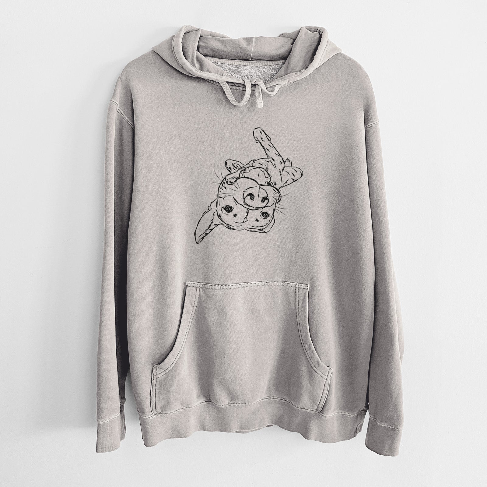 Hand-drawn sketch of Goose the Mixed Breed on a Cement Unisex pigment dyed hoodie