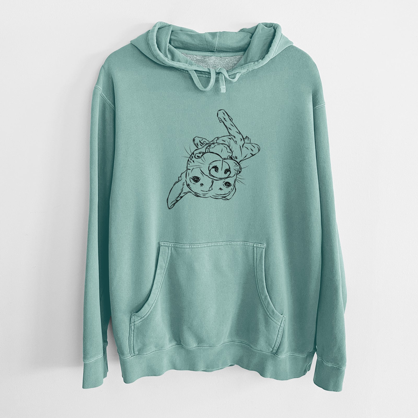 Hand-drawn sketch of Goose the Mixed Breed on a Mint Unisex pigment dyed hoodie