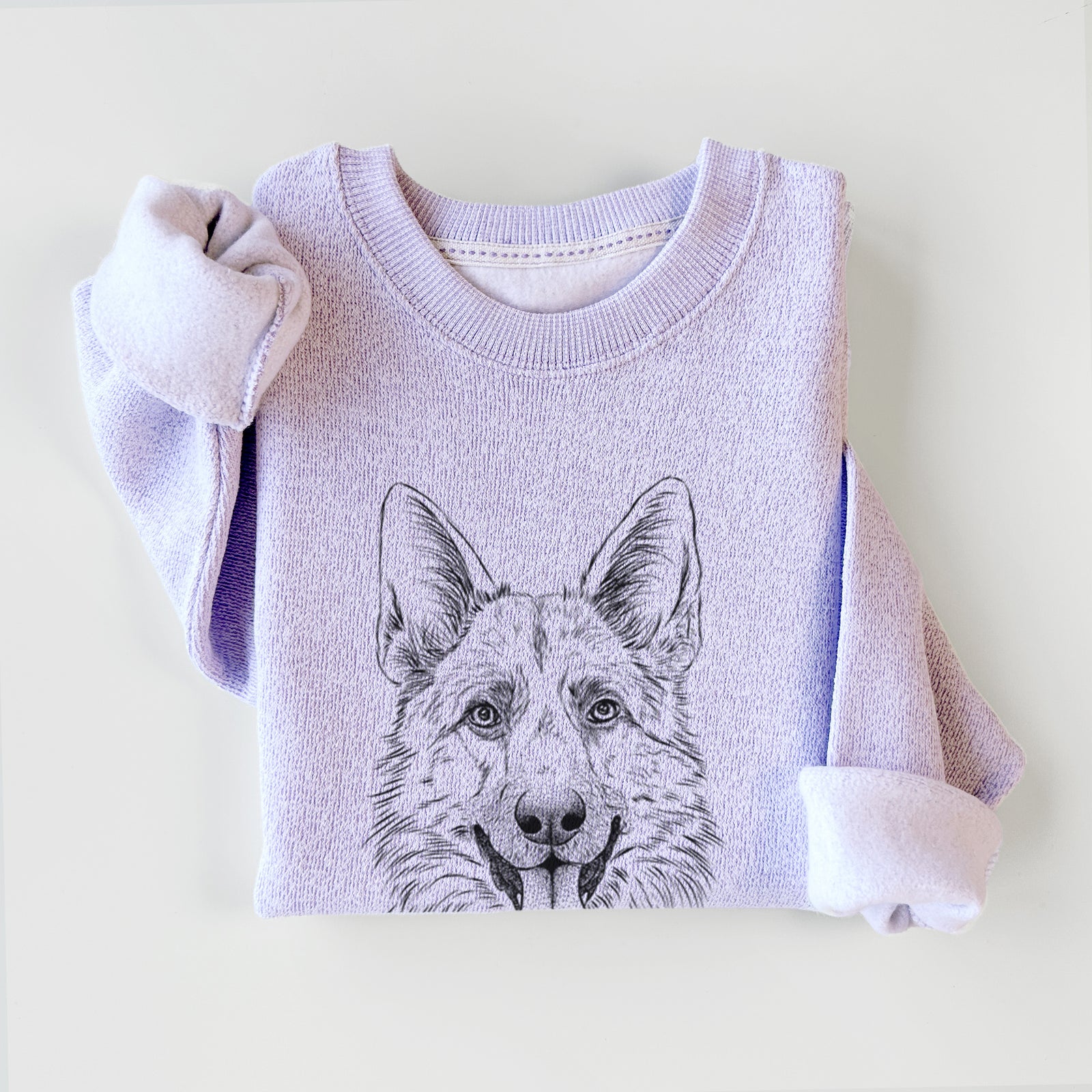 Hand-drawn sketch of Grace the German Shepherd on an Ice Purple knit sweatshirt