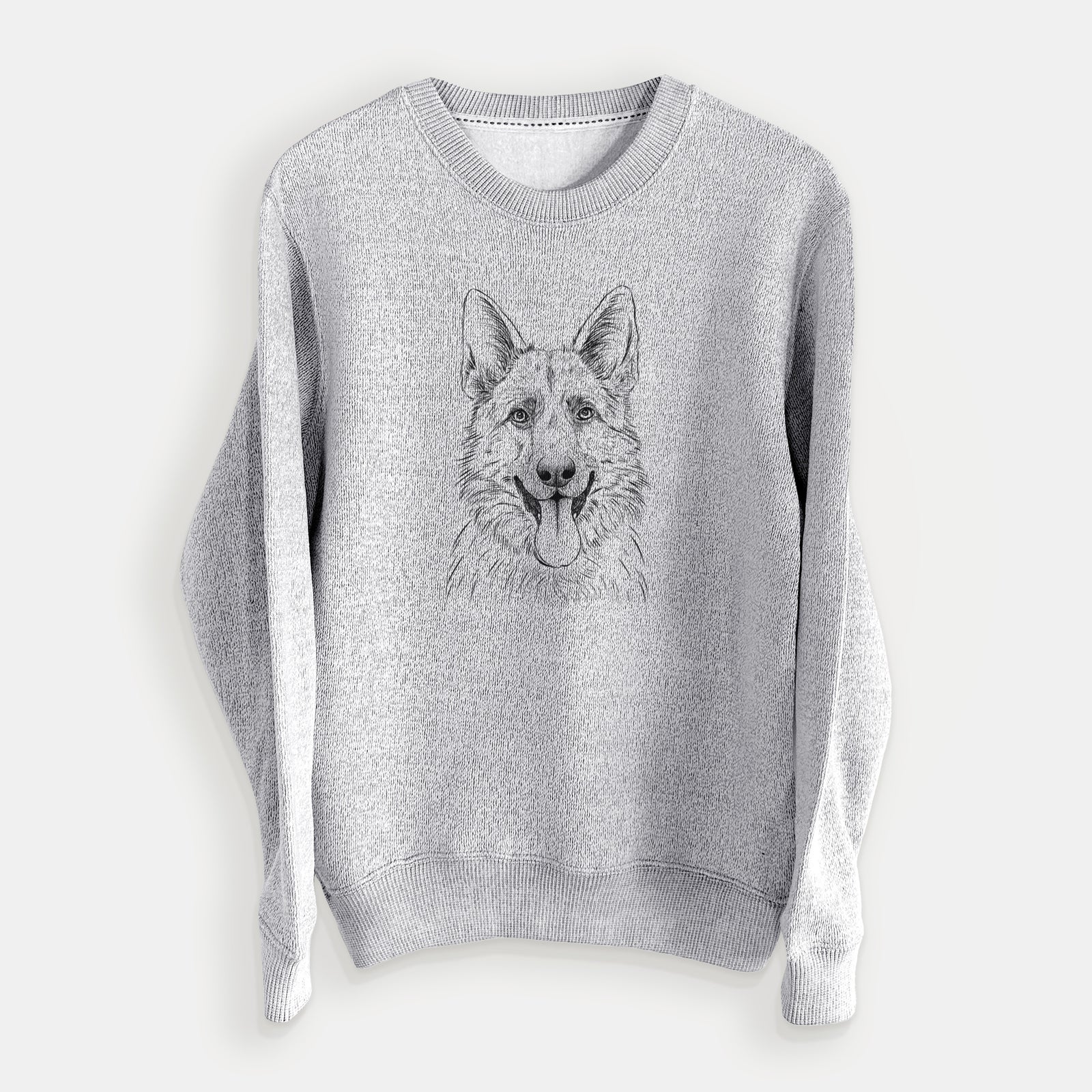 Hand-drawn sketch of Grace the German Shepherd on a Salt Pepper knit sweatshirt