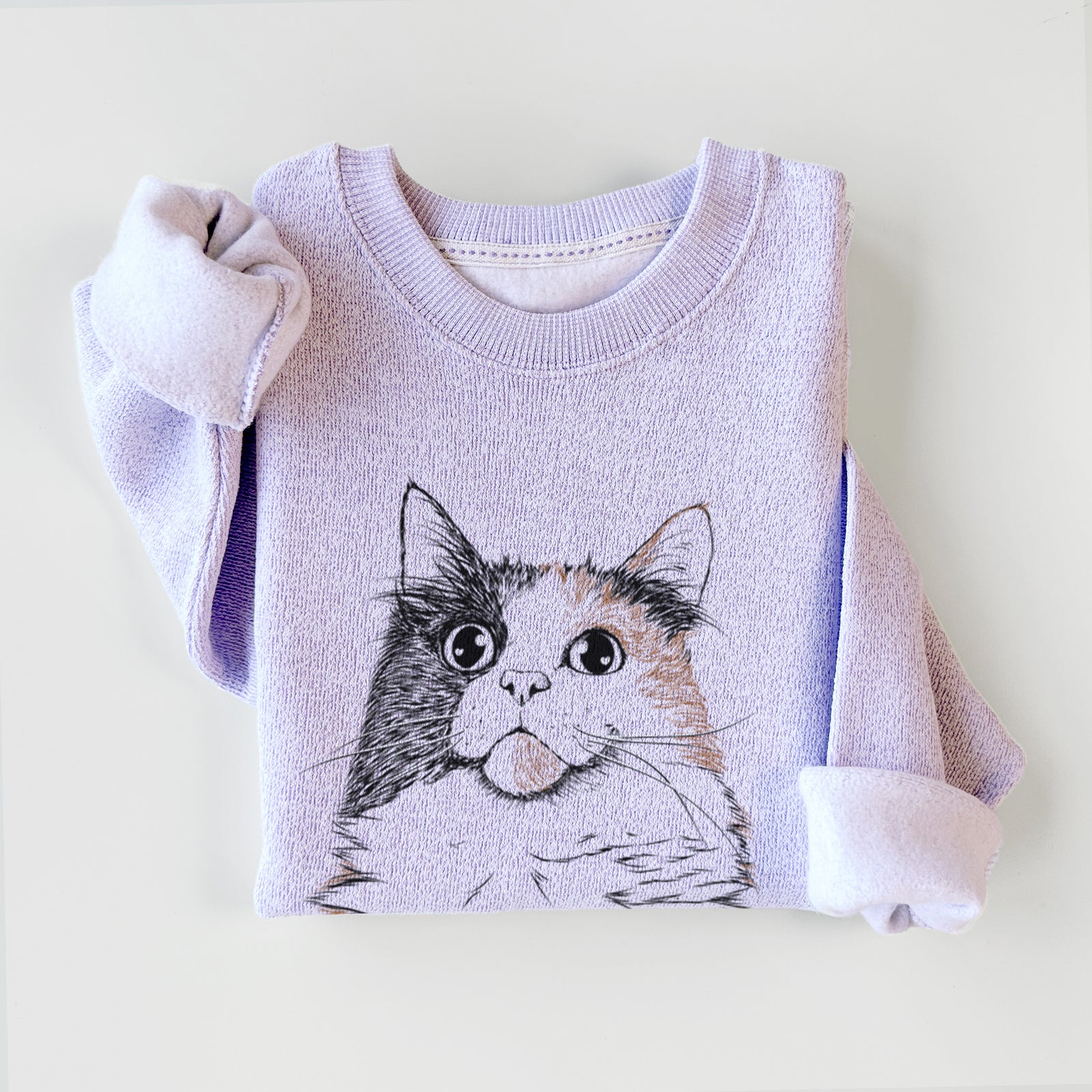 Hand-drawn sketch of Greta the Calico Cat on an Ice Purple knit sweatshirt
