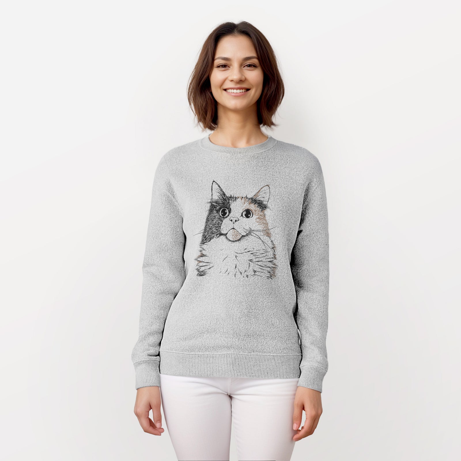 Hand-drawn sketch of Greta the Calico Cat on a knit sweatshirt, worn by a woman