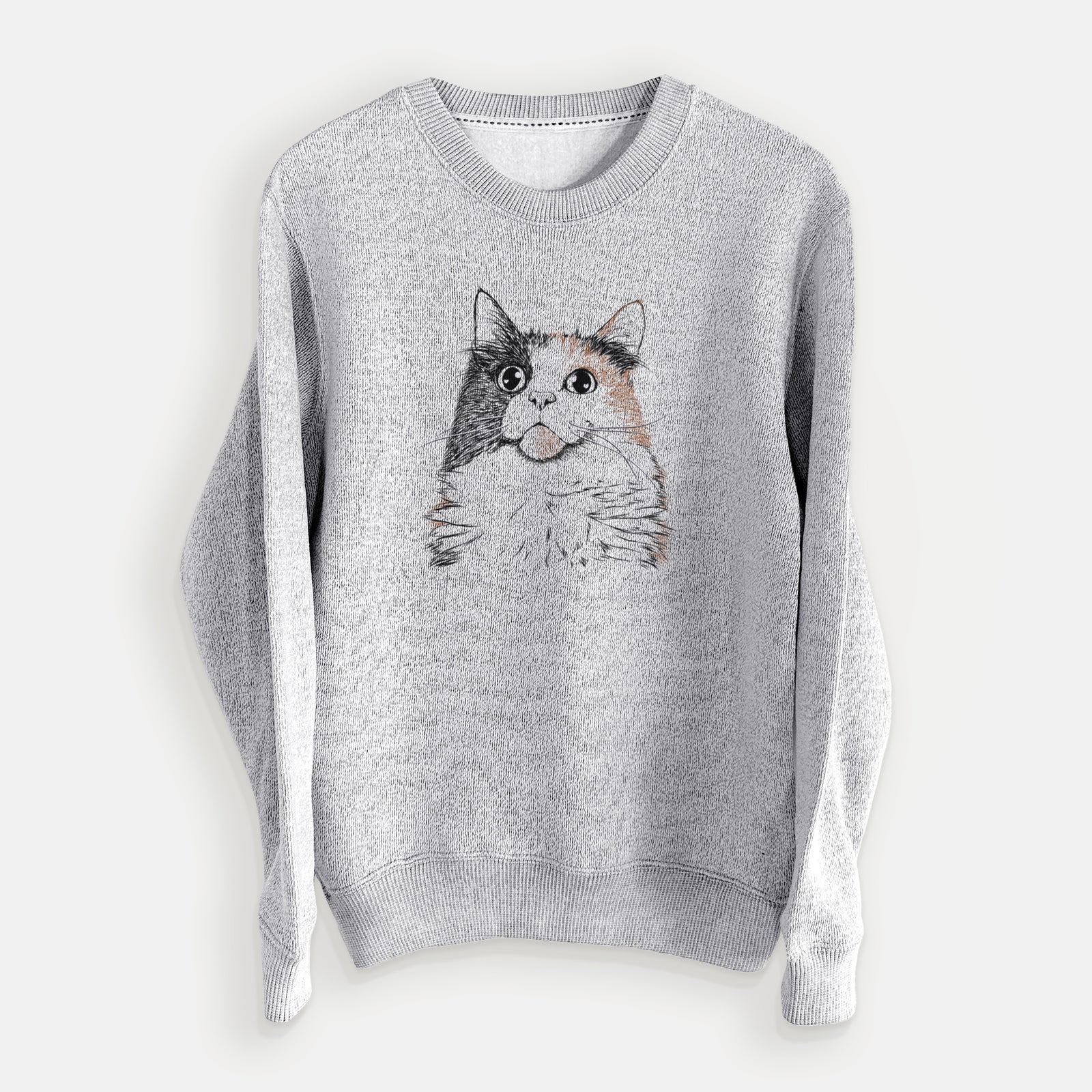 Hand-drawn sketch of Greta the Calico Cat on a Salt Pepper knit sweatshirt