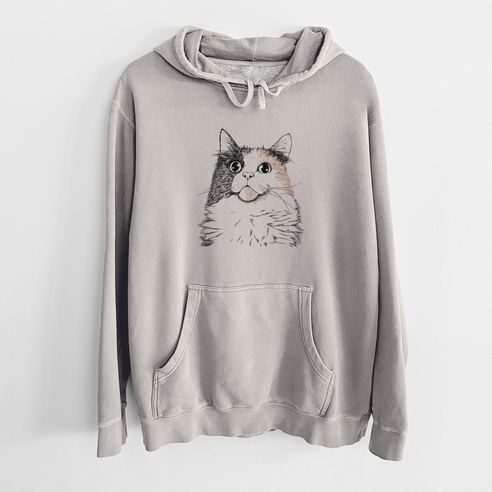 Hand-drawn sketch of Greta the Calico Cat on a Cement Unisex pigment dyed hoodie