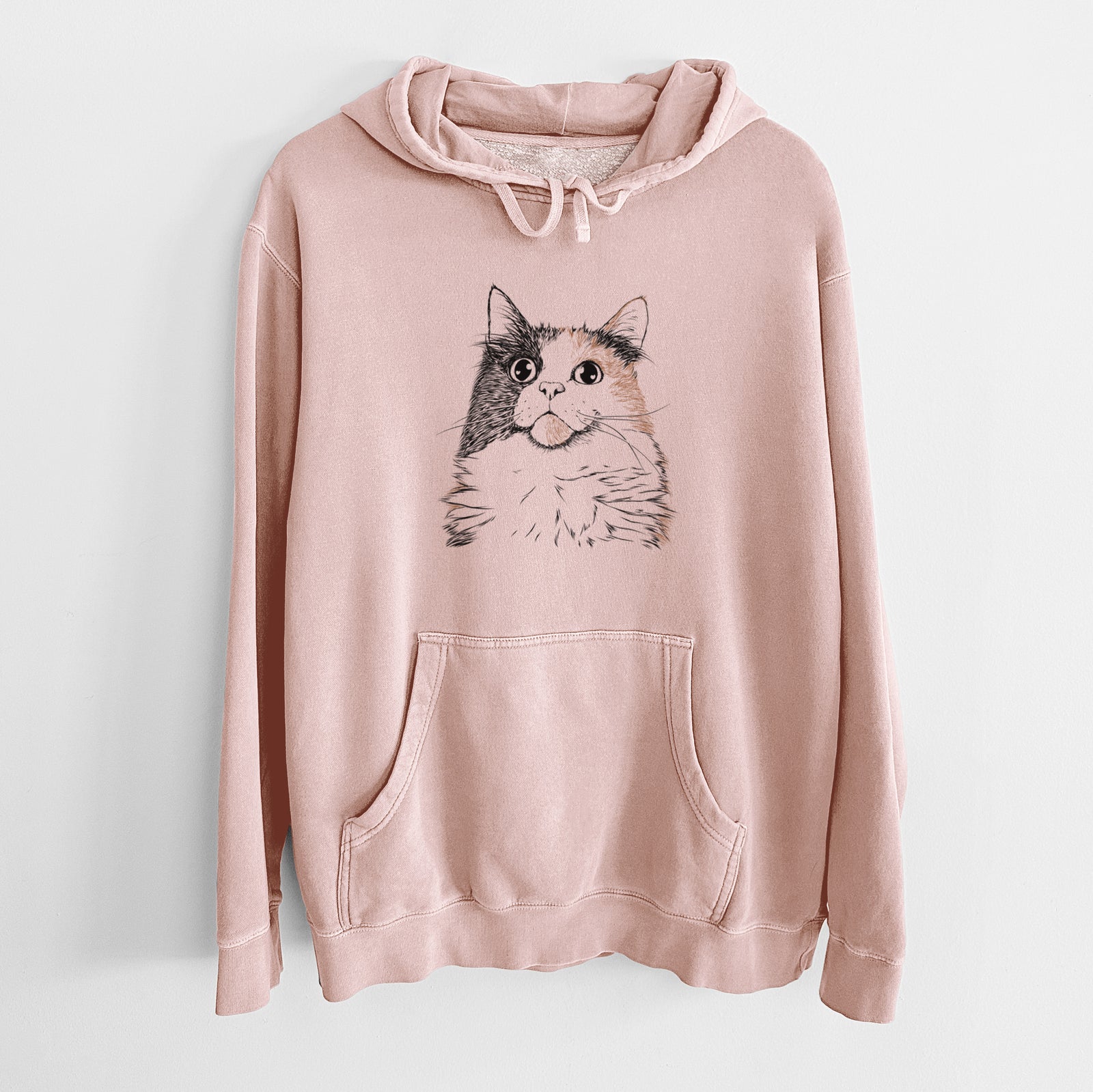 Hand-drawn sketch of Greta the Calico Cat on a Dusty Pink Unisex pigment dyed hoodie