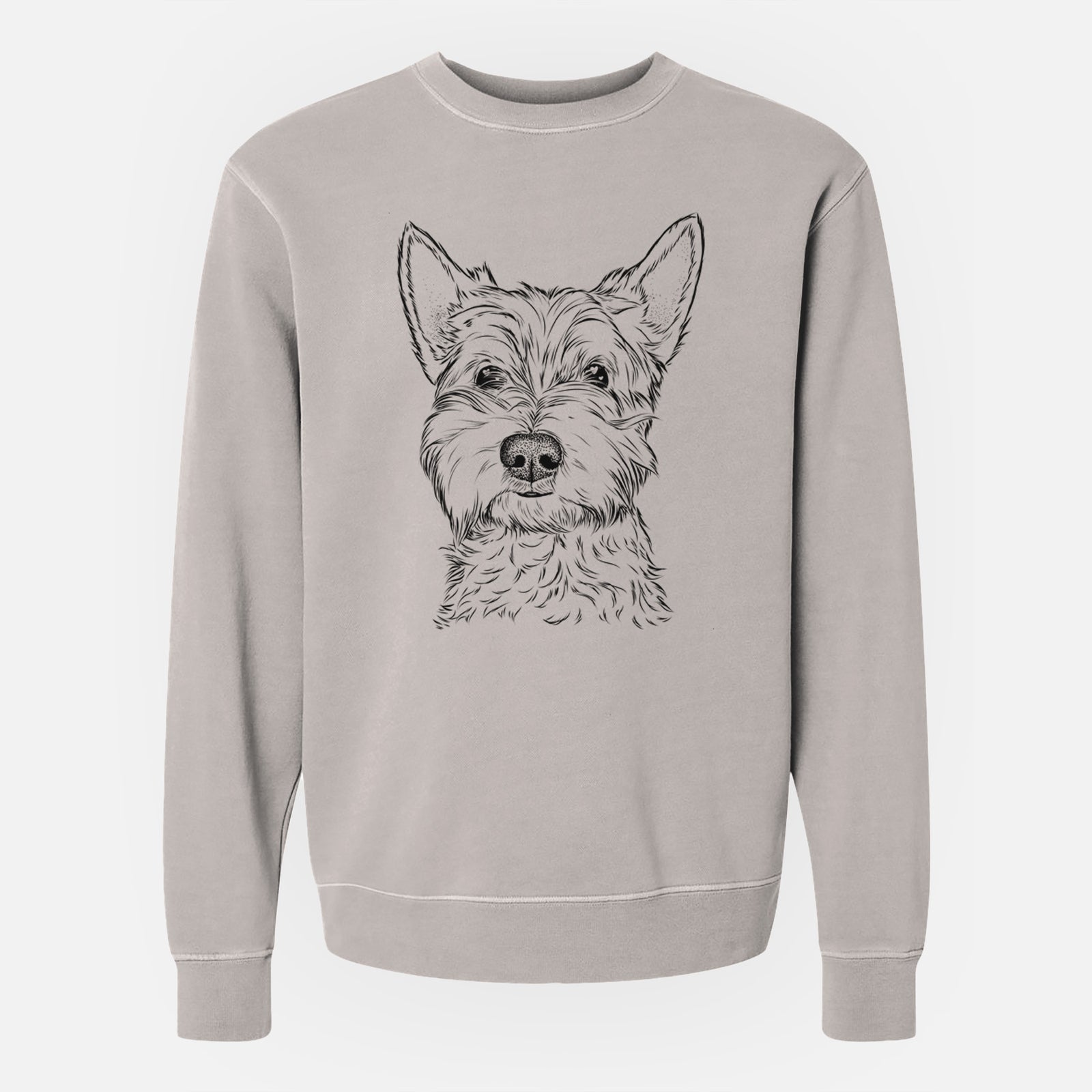 Hand-drawn sketch of Grizel the West Highland Terrier on a Cement Unisex pigment dyed crew sweatshirt