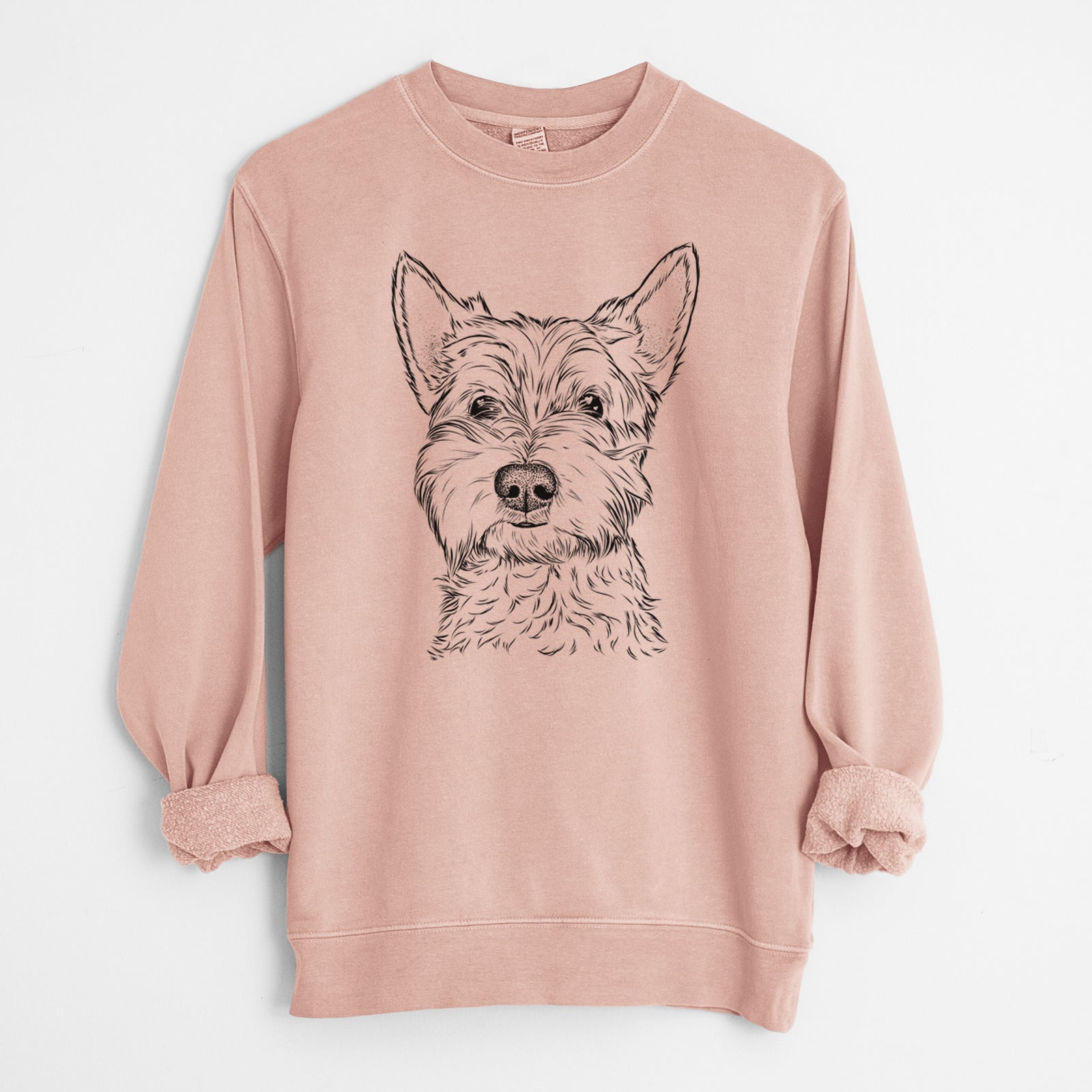Hand-drawn sketch of Grizel the West Highland Terrier on a Dusty Pink Unisex pigment dyed crew sweatshirt