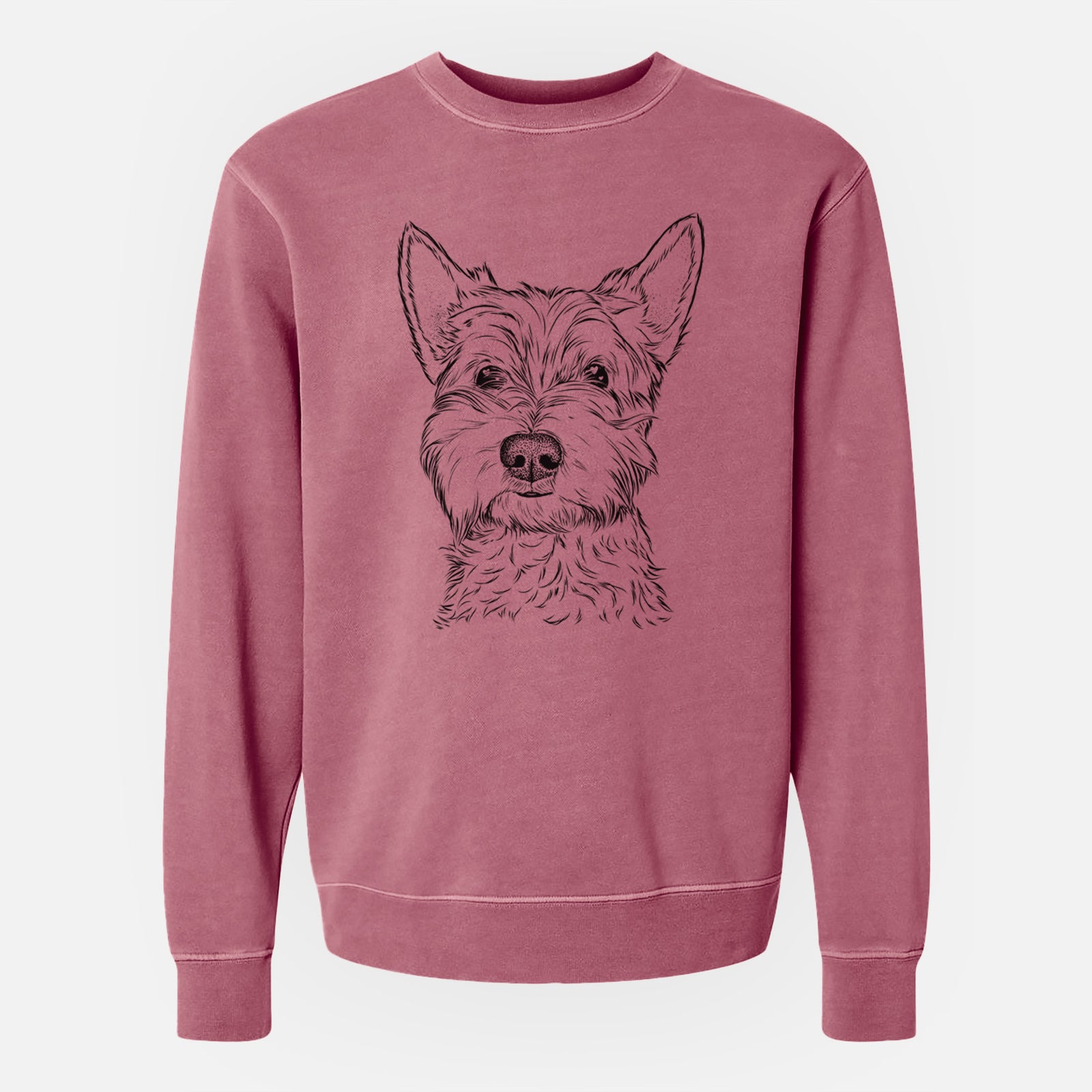 Hand-drawn sketch of Grizel the West Highland Terrier on a Maroon Unisex pigment dyed crew sweatshirt