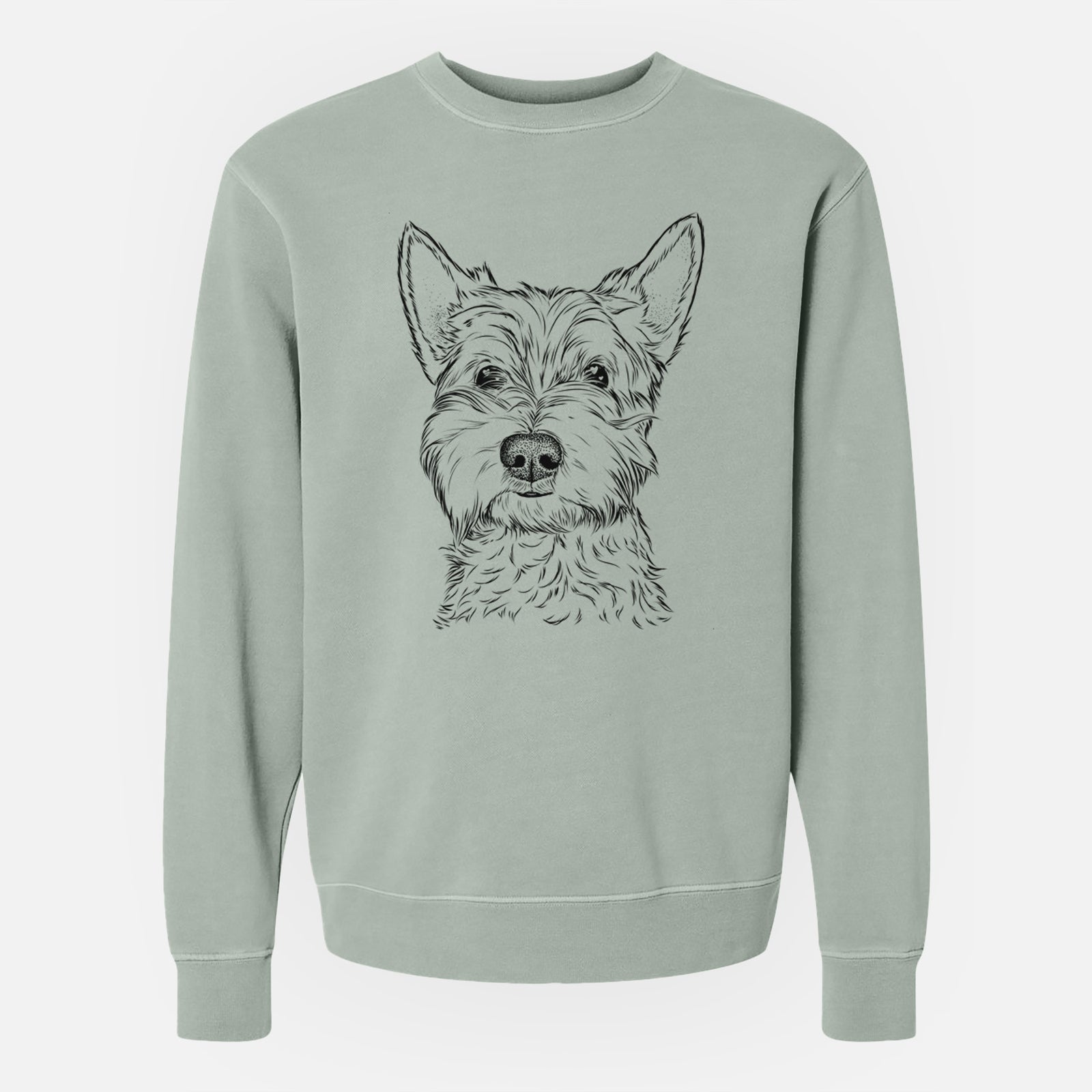 Hand-drawn sketch of Grizel the West Highland Terrier on a Sage Unisex pigment dyed crew sweatshirt