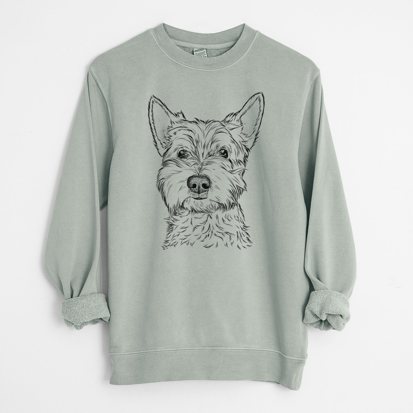 Hand-drawn sketch of Grizel the West Highland Terrier on a Sage Unisex pigment dyed crew sweatshirt