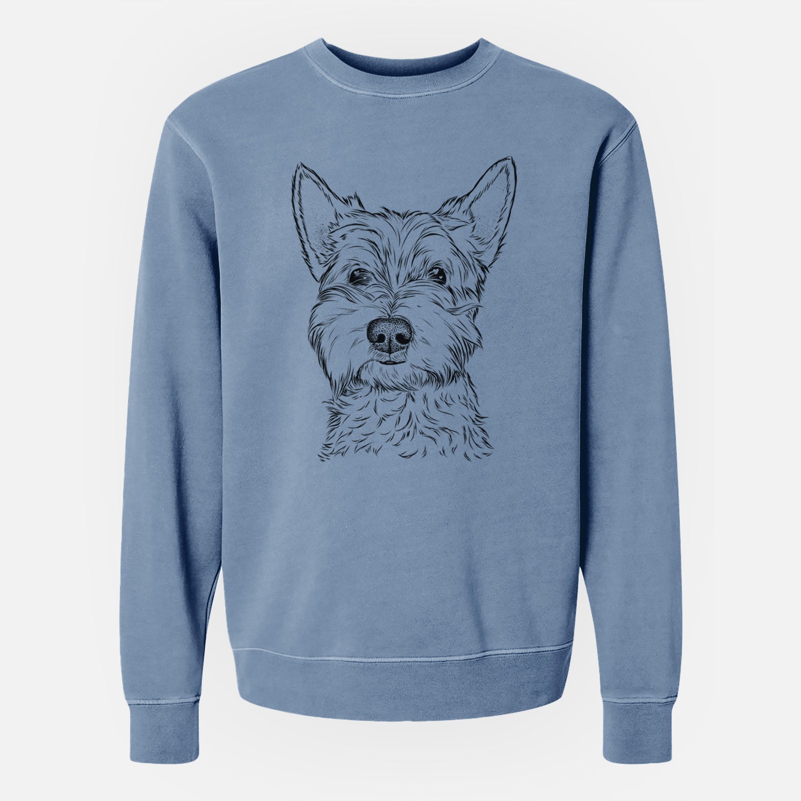Hand-drawn sketch of Grizel the West Highland Terrier on a Slate Blue Unisex pigment dyed crew sweatshirt