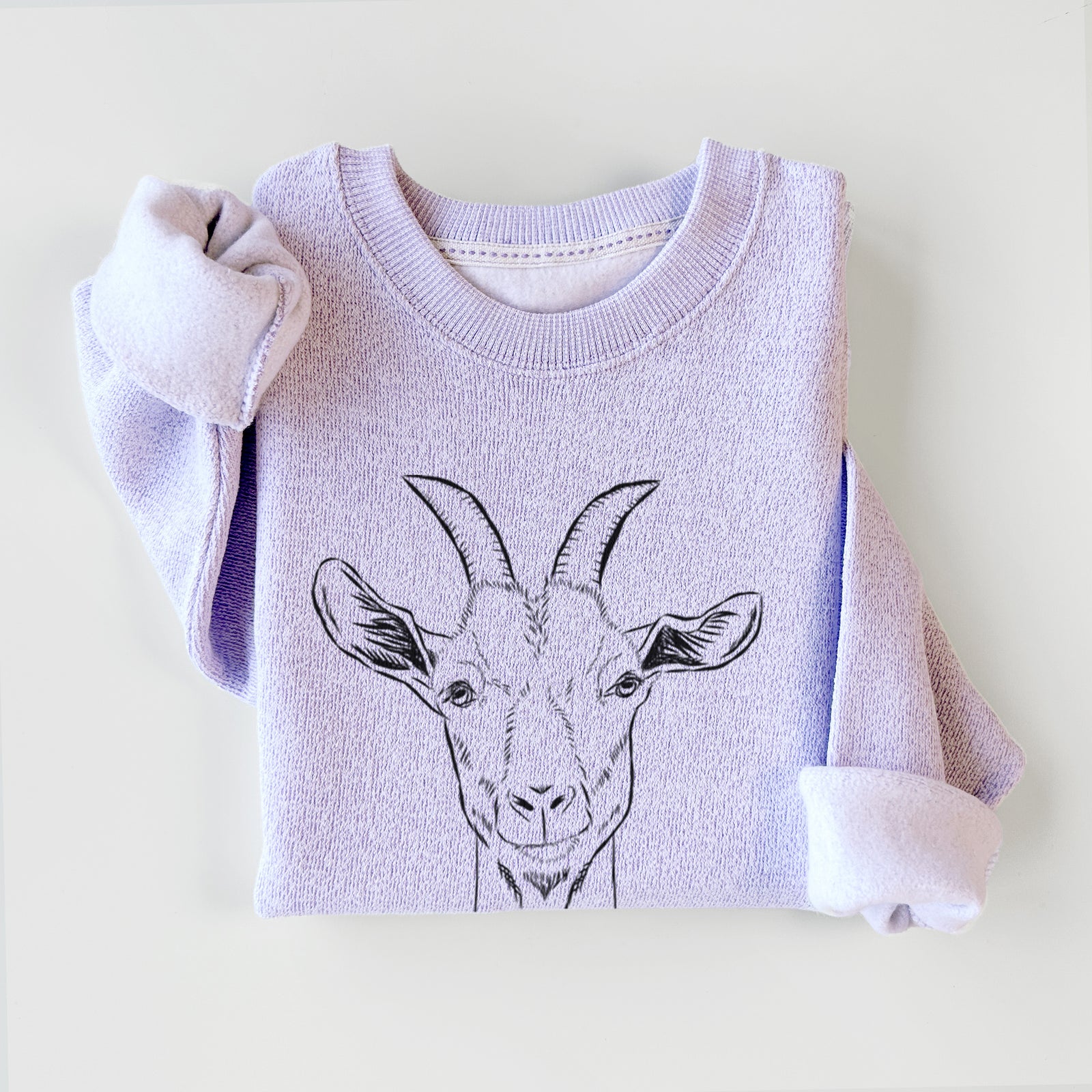 Hand-drawn sketch of Gunnar the Goat on an Ice Purple knit sweatshirt