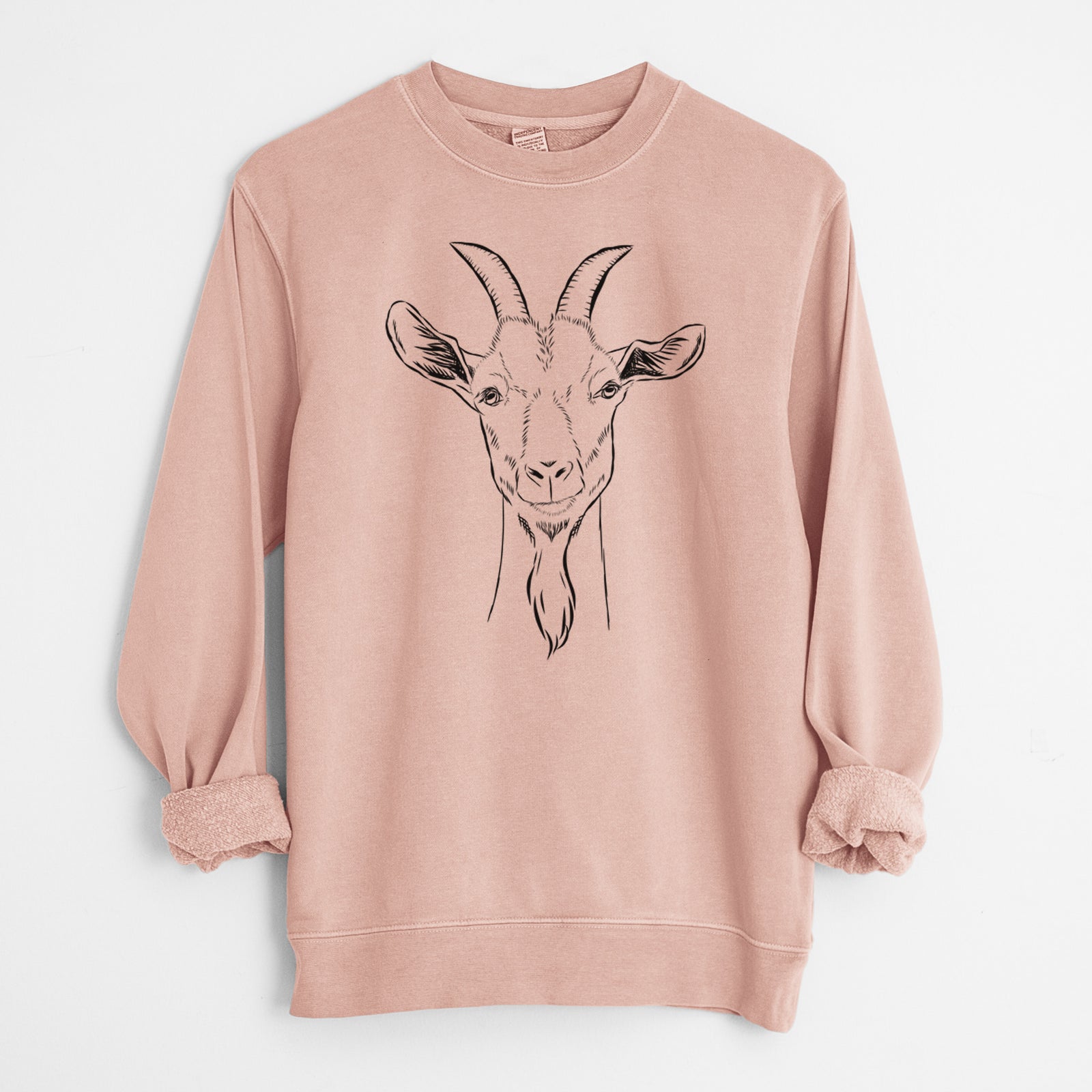 Hand-drawn sketch of Gunnar the Goat on a Dusty Pink Unisex pigment dyed crew sweatshirt