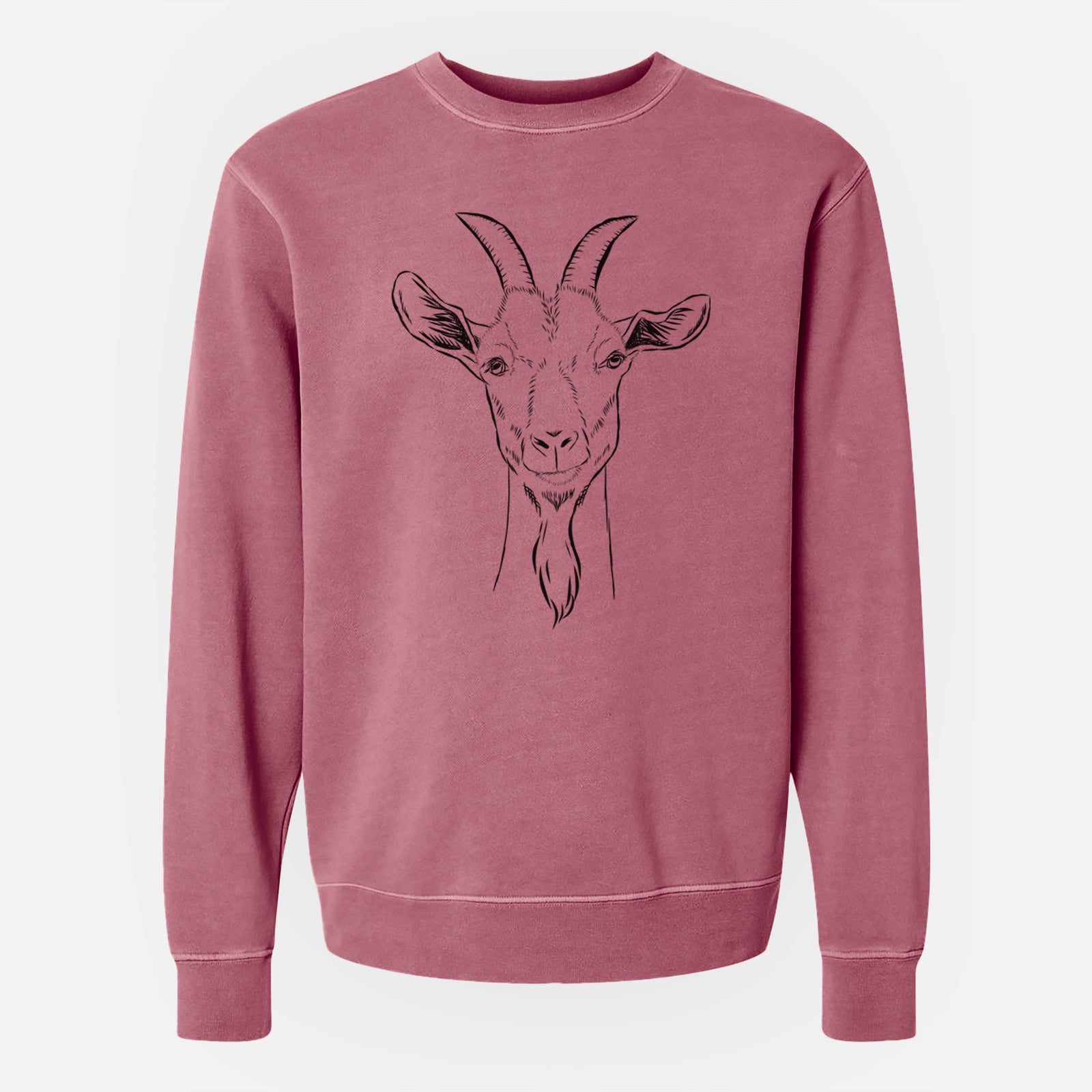 Hand-drawn sketch of Gunnar the Goat on a Maroon Unisex pigment dyed crew sweatshirt