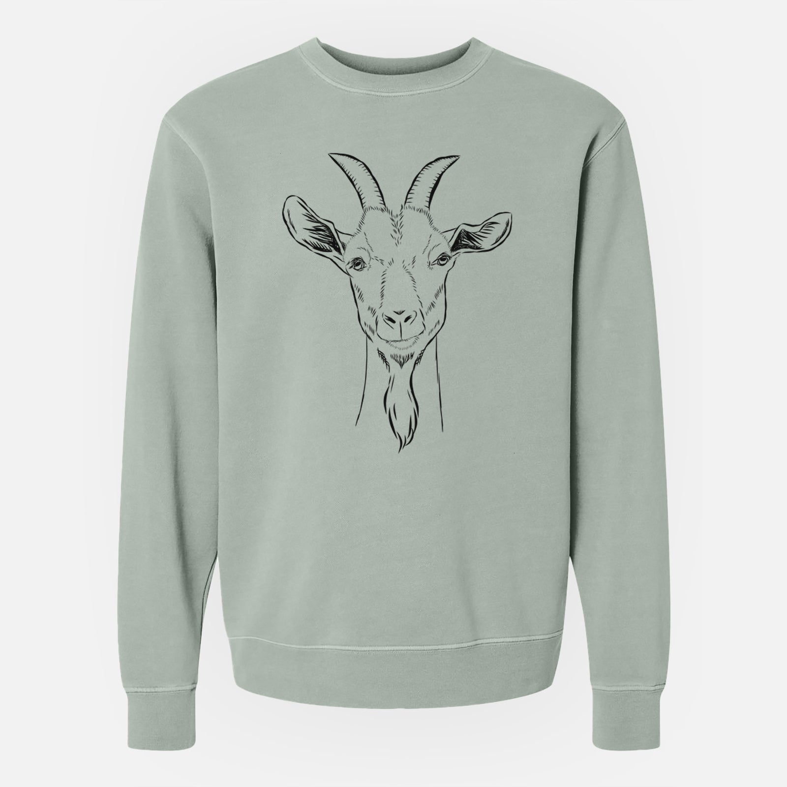 Hand-drawn sketch of Gunnar the Goat on a Sage Unisex pigment dyed crew sweatshirt