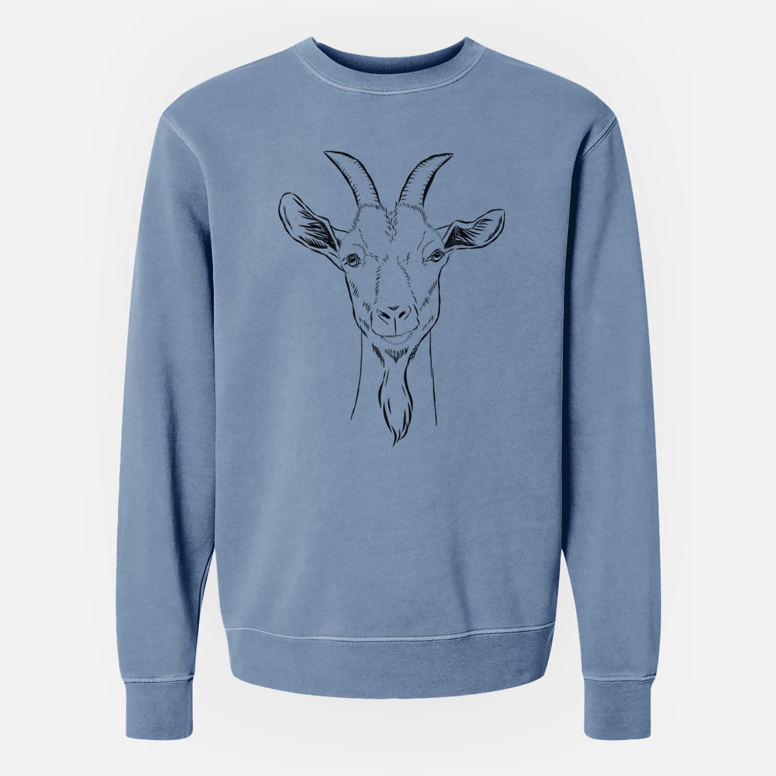 Hand-drawn sketch of Gunnar the Goat on a Slate Blue Unisex pigment dyed crew sweatshirt