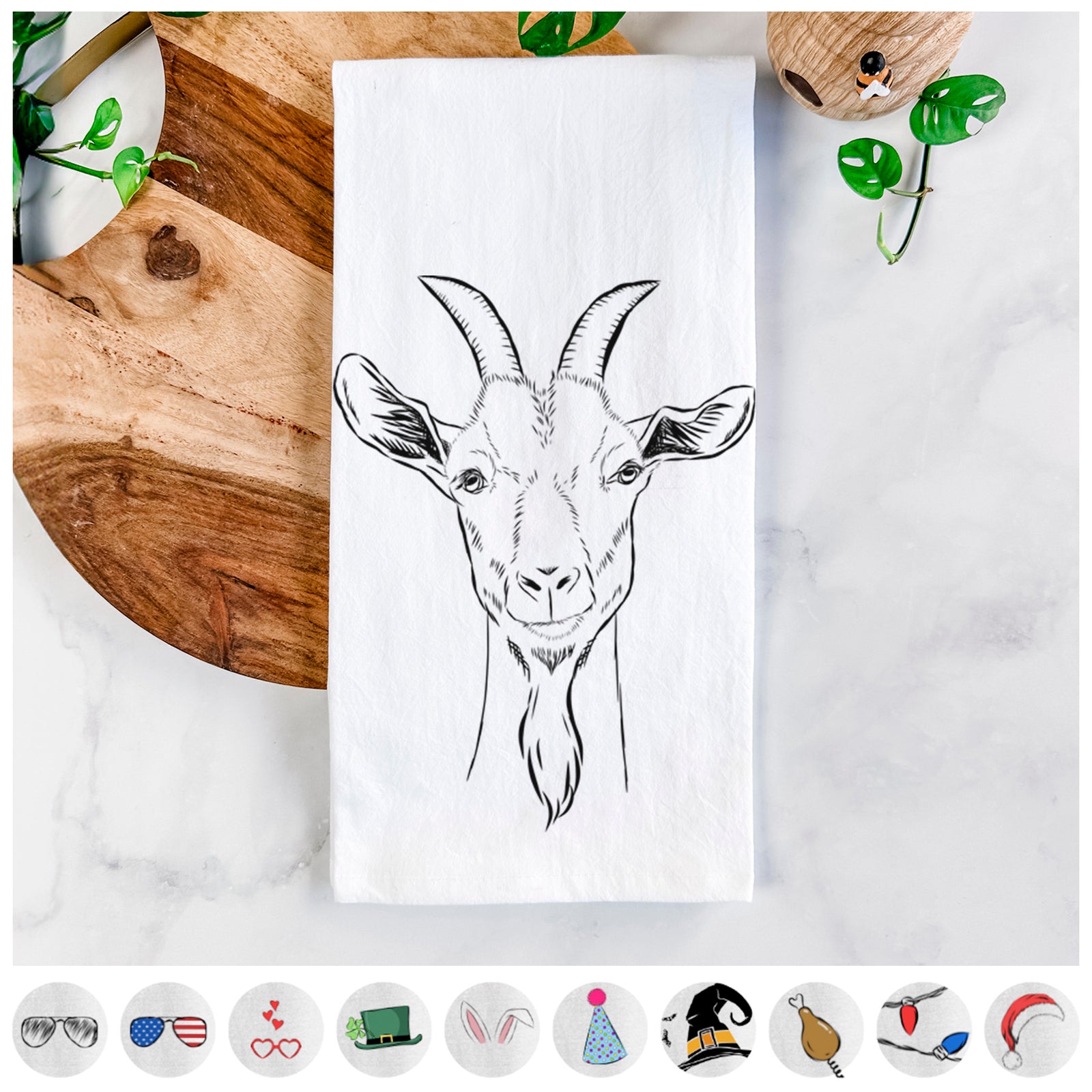 Hand-drawn sketch of Gunnar the Goat on a tea towel, shown with icons of the other available costume styles