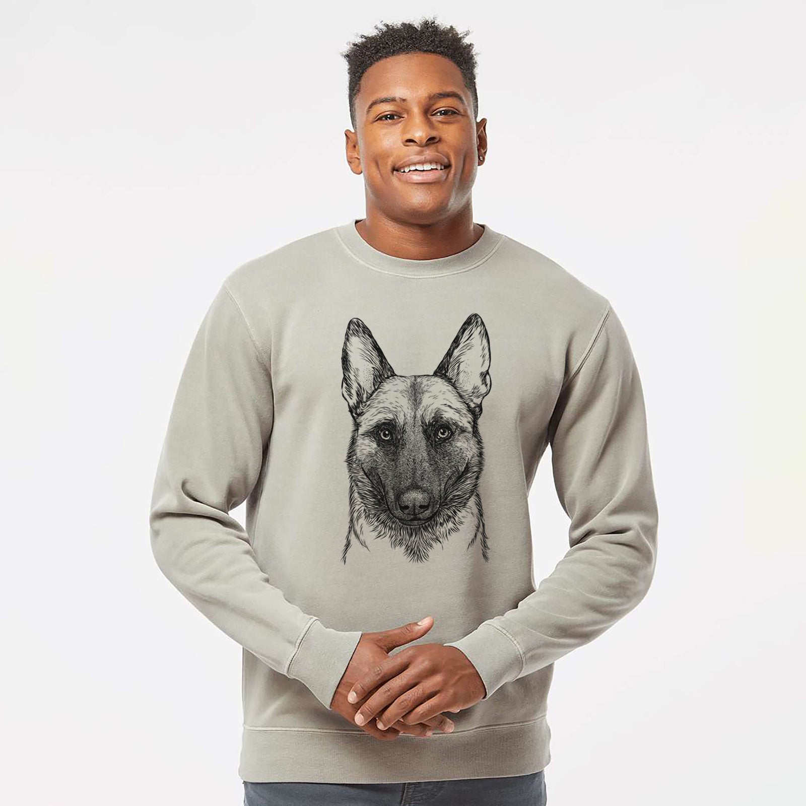 Hand-drawn sketch of Gunther the Belgian Malinois on a Cement Unisex pigment dyed crew sweatshirt