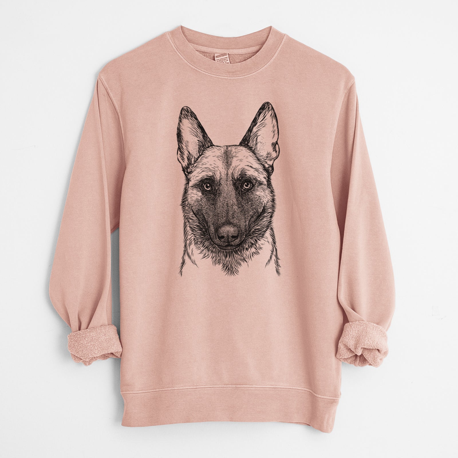 Hand-drawn sketch of Gunther the Belgian Malinois on a Dusty Pink Unisex pigment dyed crew sweatshirt