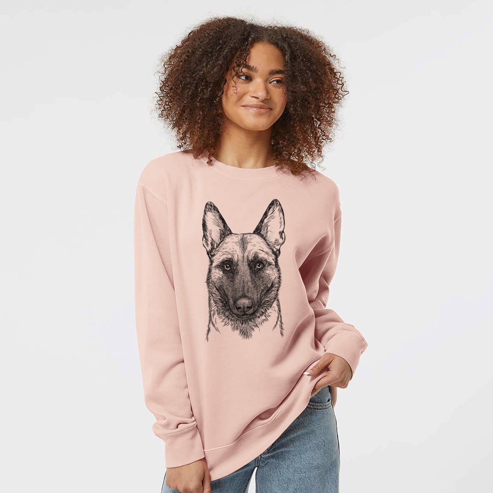 Hand-drawn sketch of Gunther the Belgian Malinois on a Dusty Pink Unisex pigment dyed crew sweatshirt