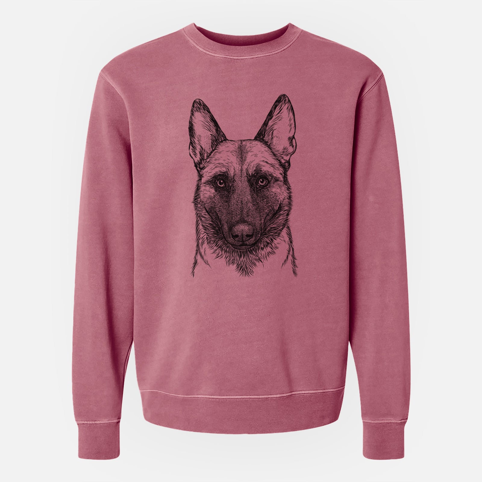 Hand-drawn sketch of Gunther the Belgian Malinois on a Maroon Unisex pigment dyed crew sweatshirt
